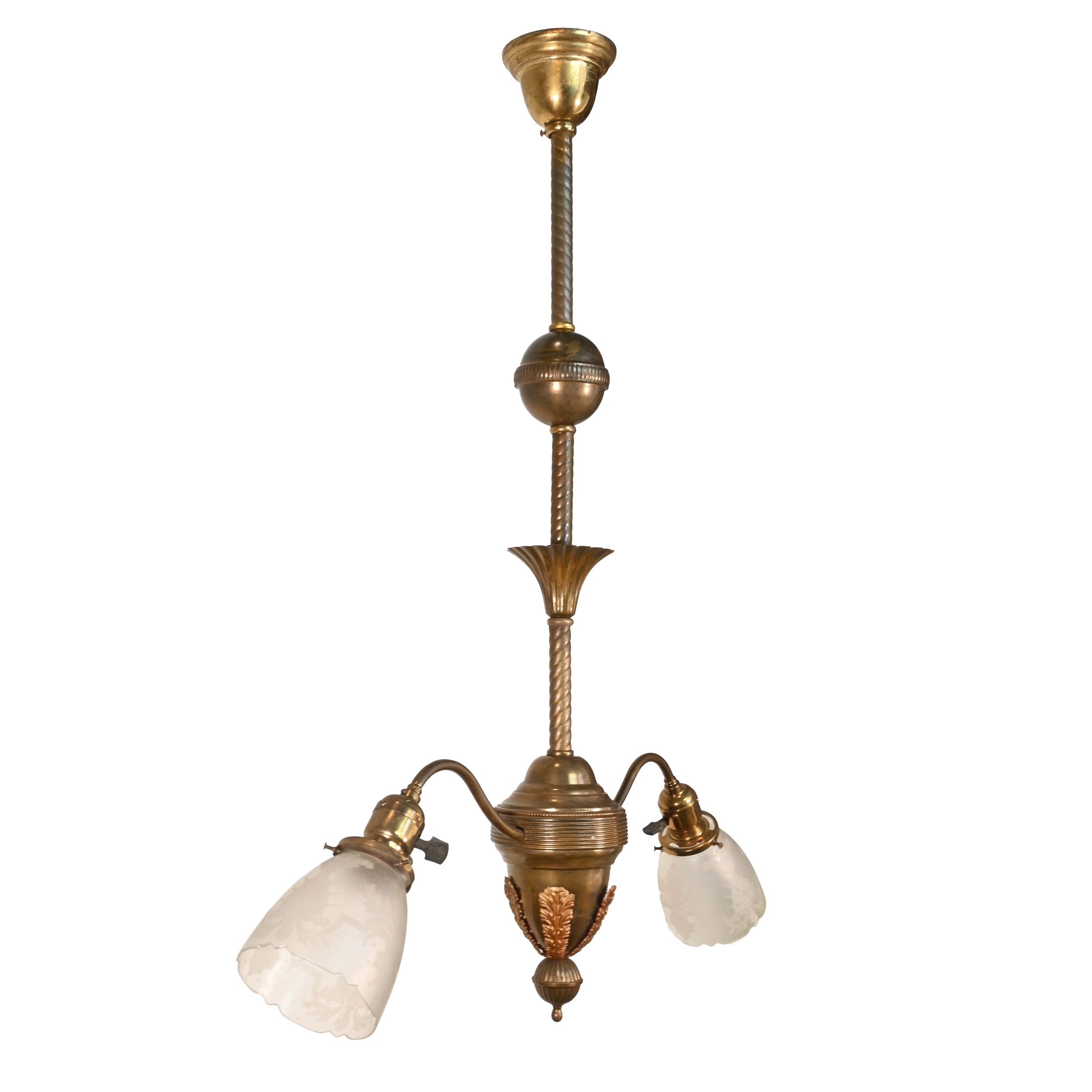 early brass two light pendant with etched shades