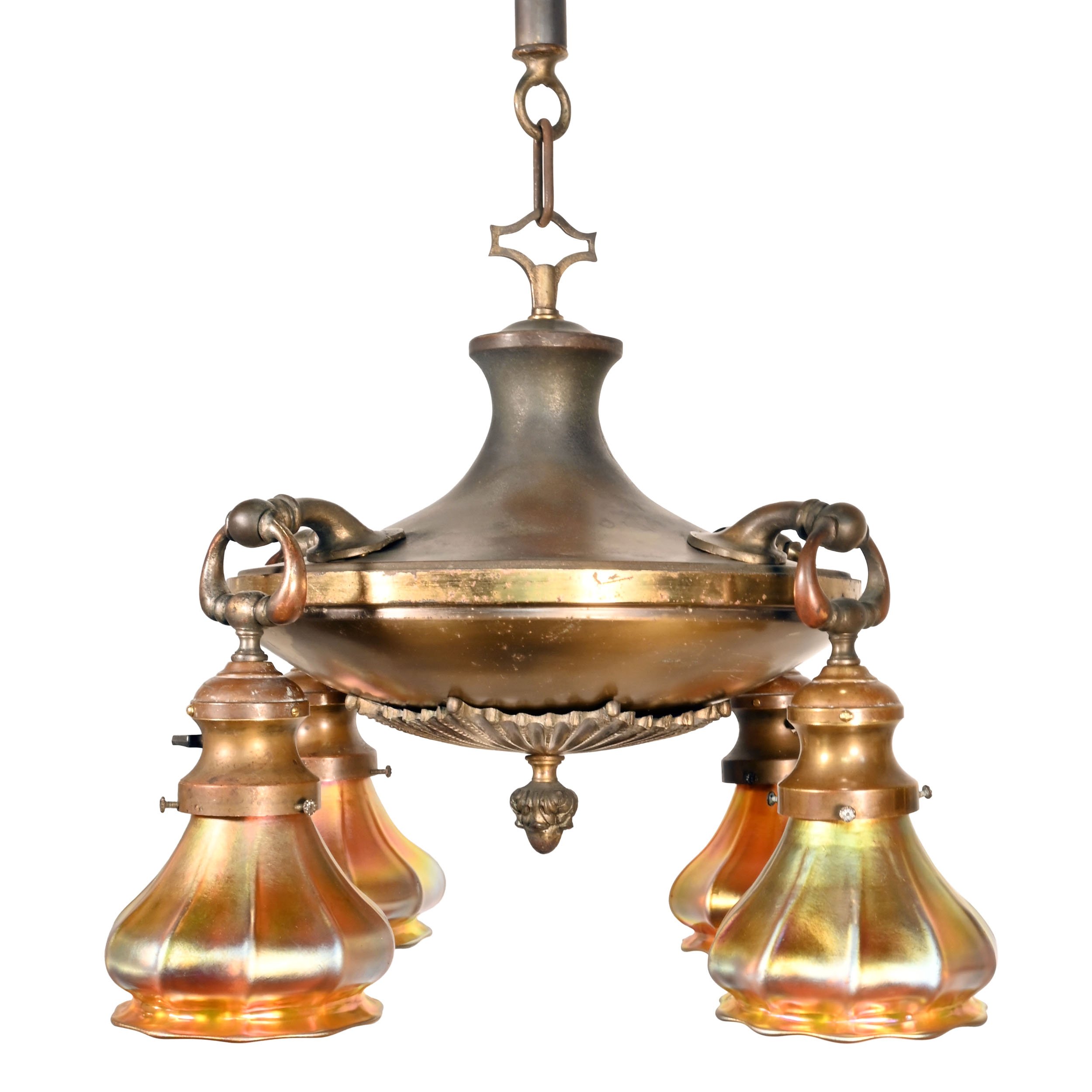 sunburst detail brass four light chandelier with aurene shades