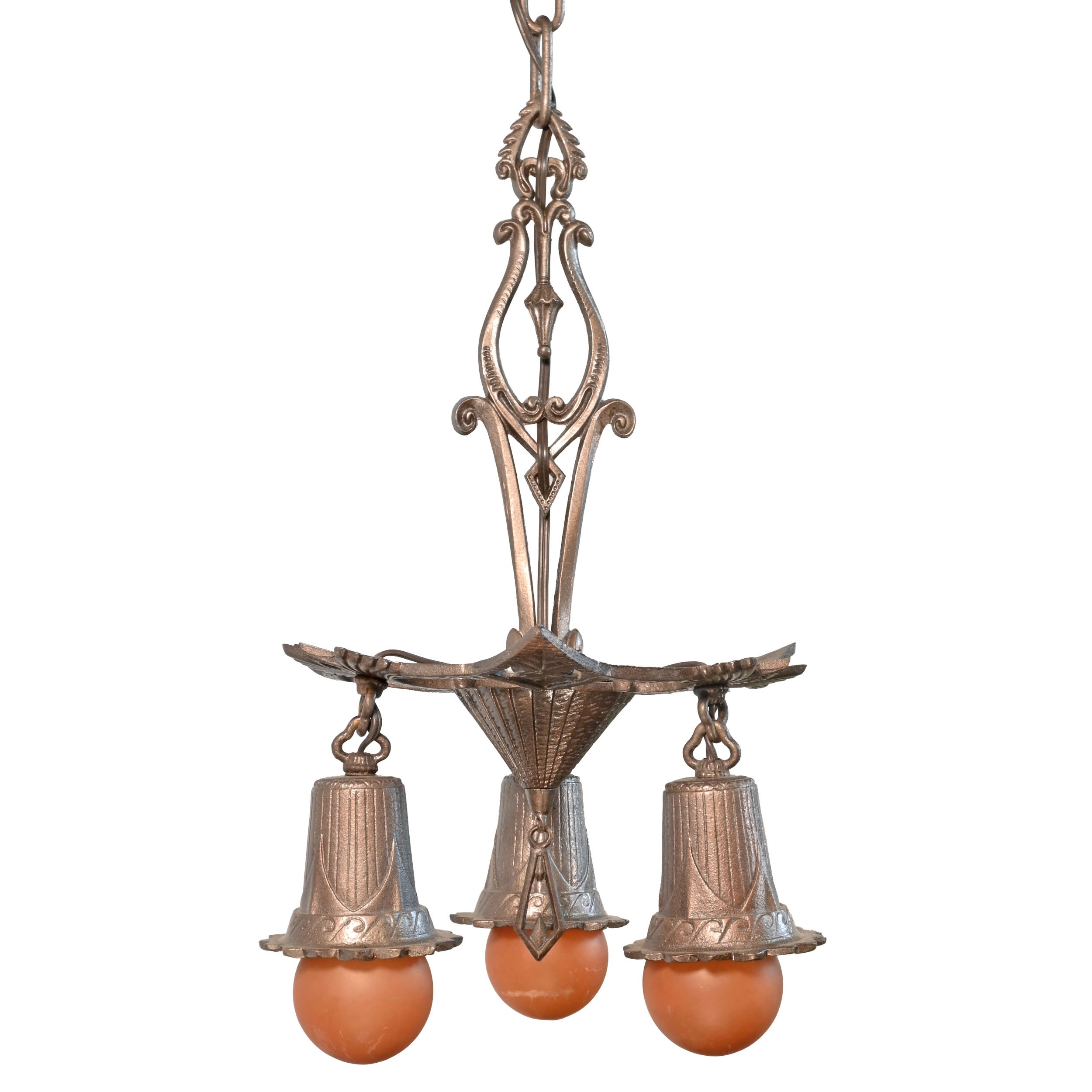 petite cast iron three light deco chandelier