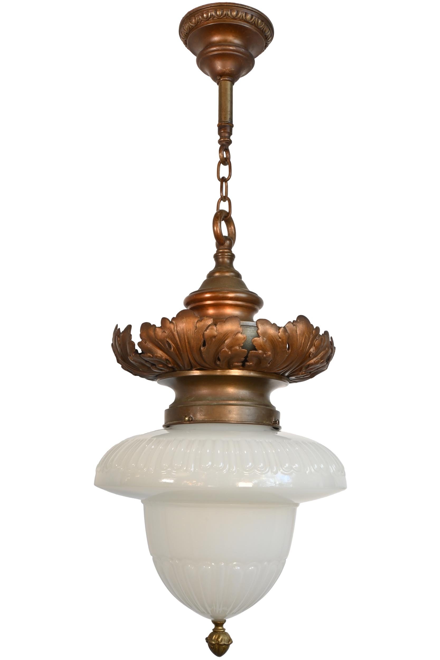 cast bronze neoclassical pendant with milk glass shade