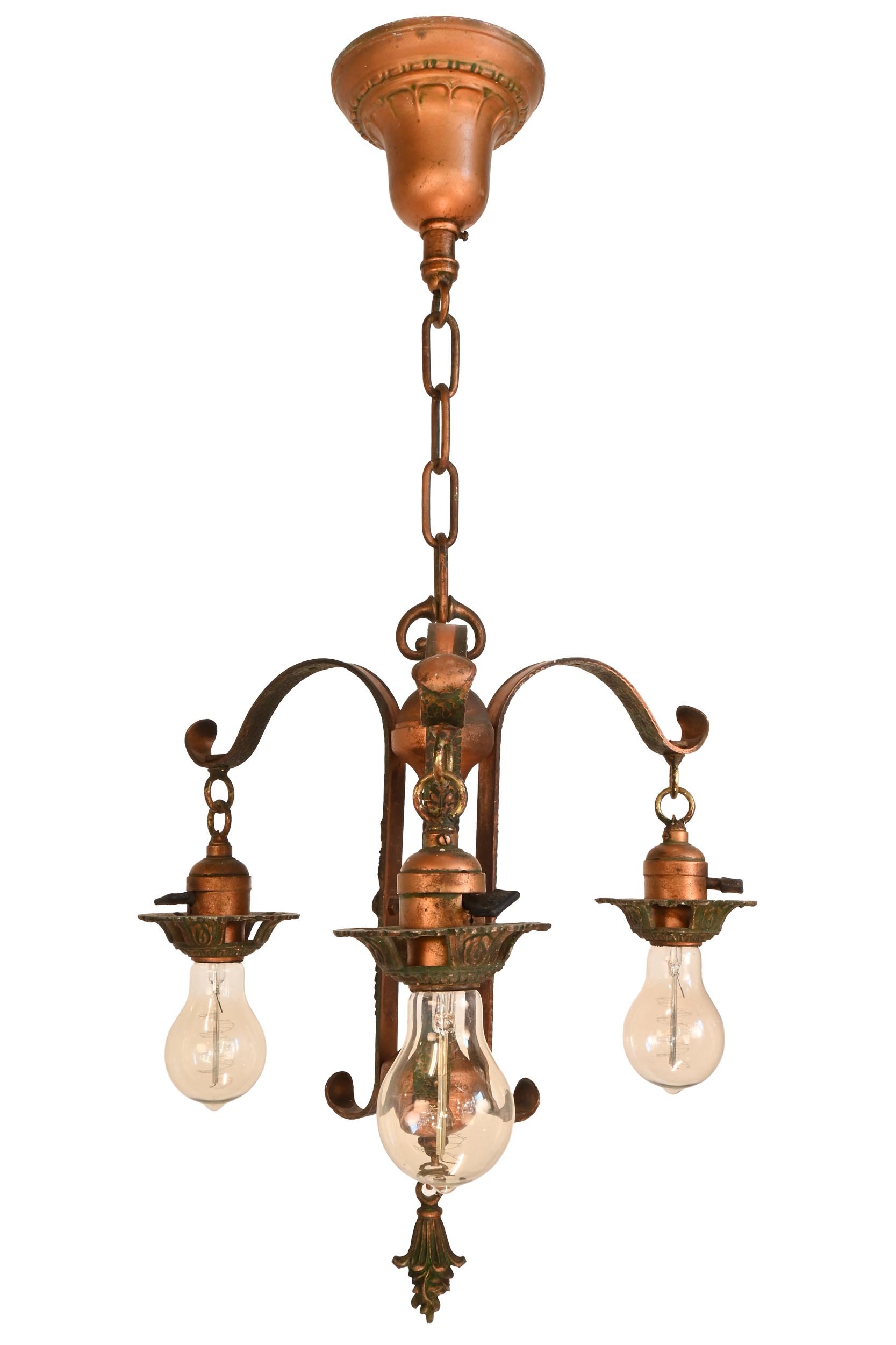 bare bulb 3 light original polychrome hand worked iron chandeliers