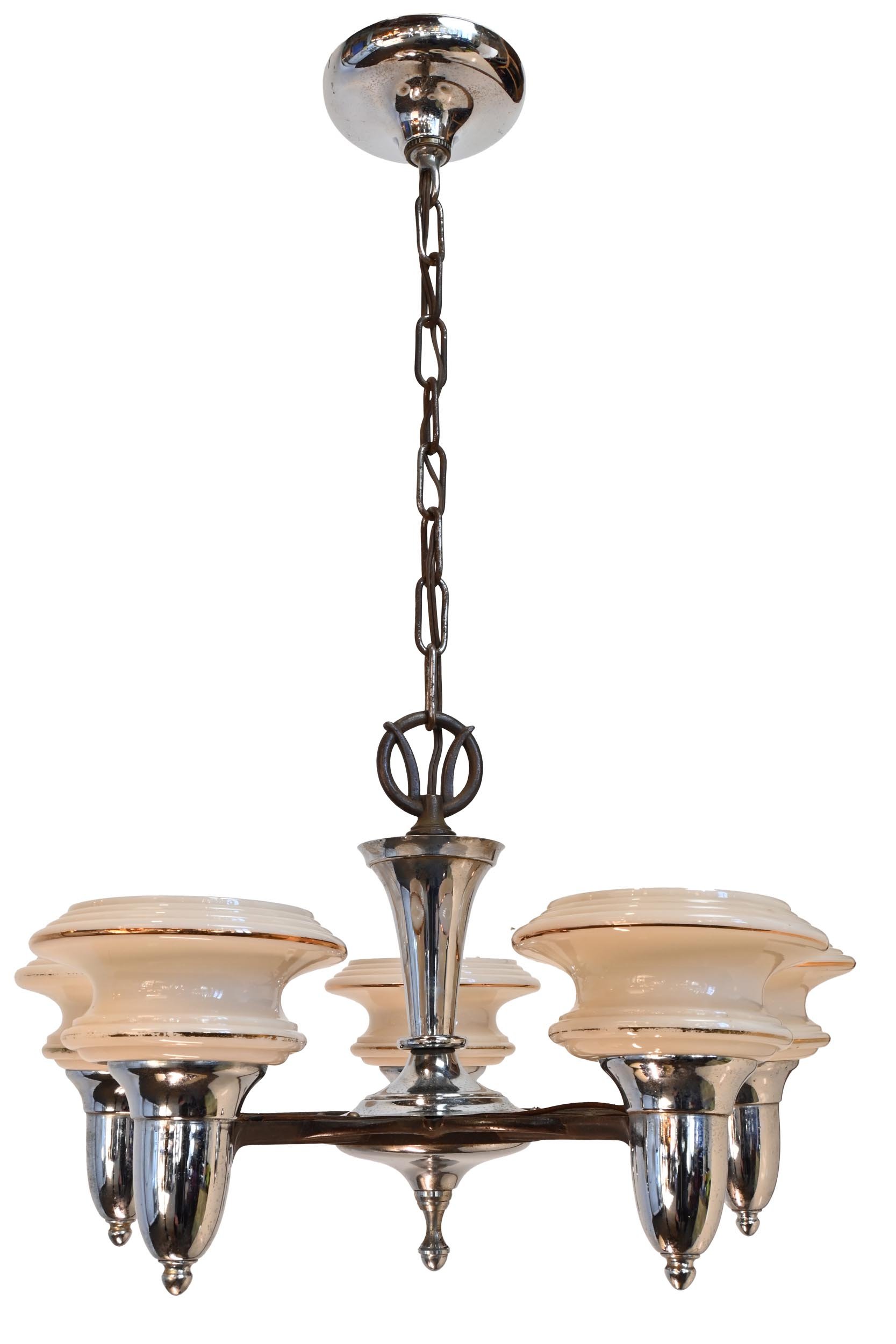 five light machine age chandelier with custard glass shades