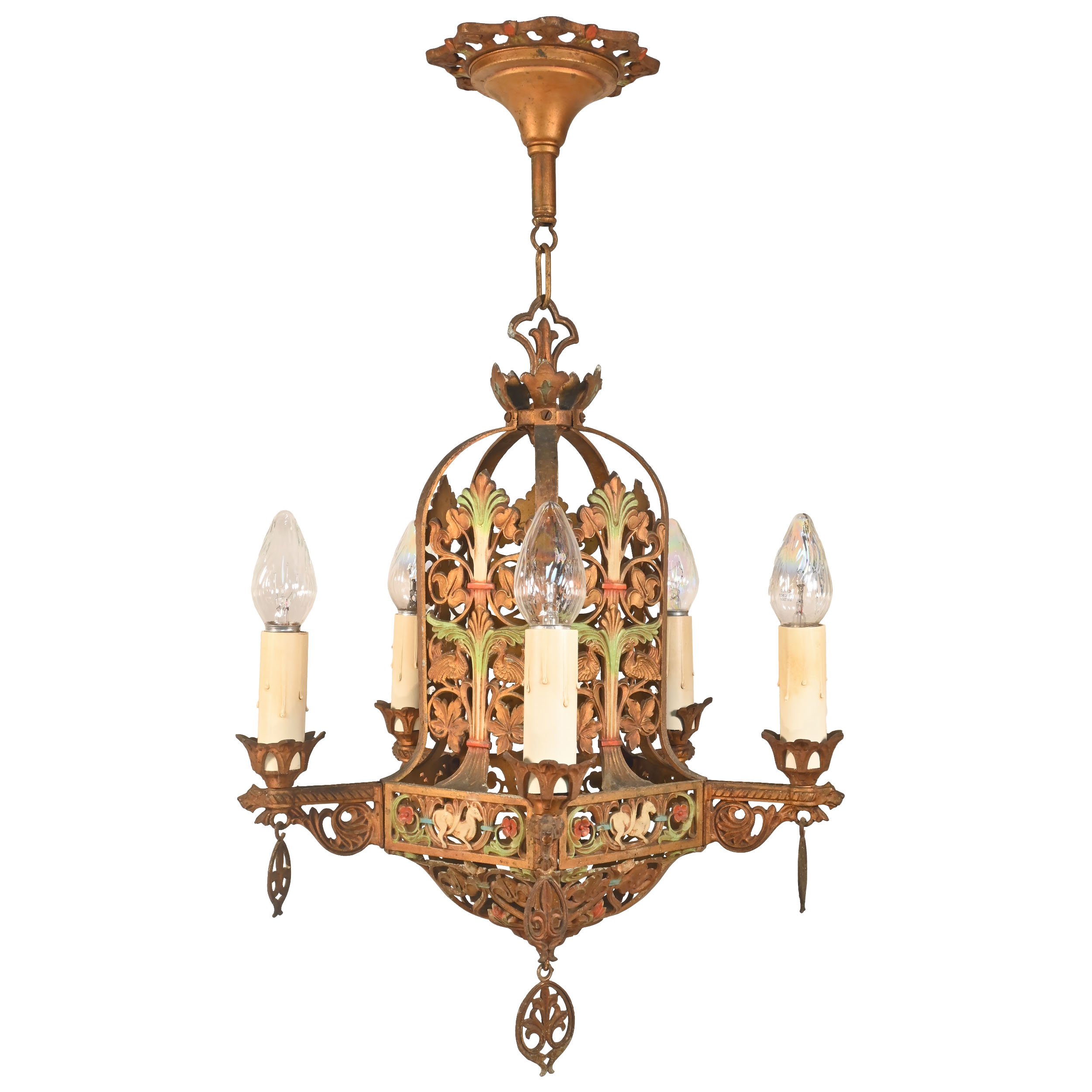 five candle chandelier with griffins and peacocks