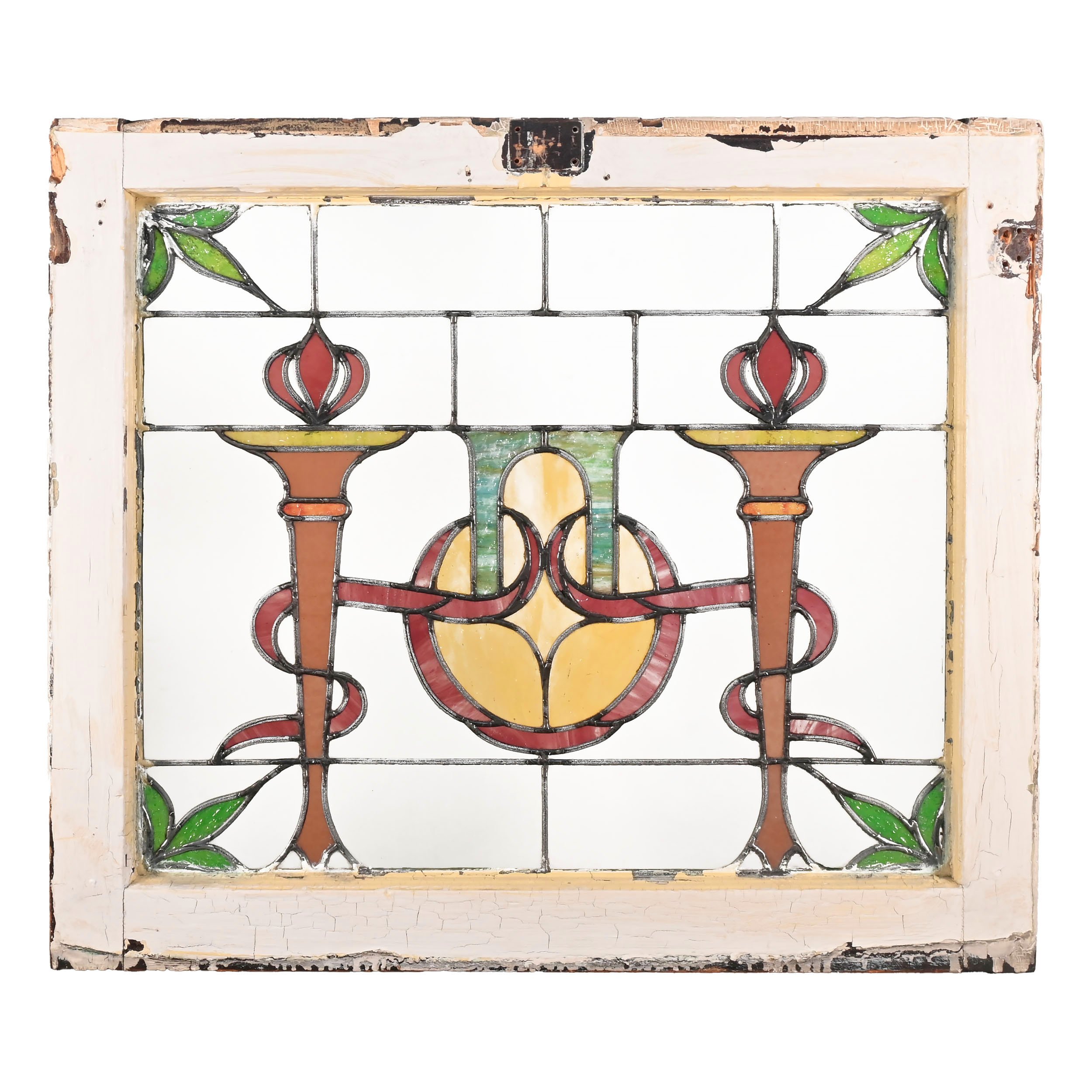 art nouveau leaded glass window with torches