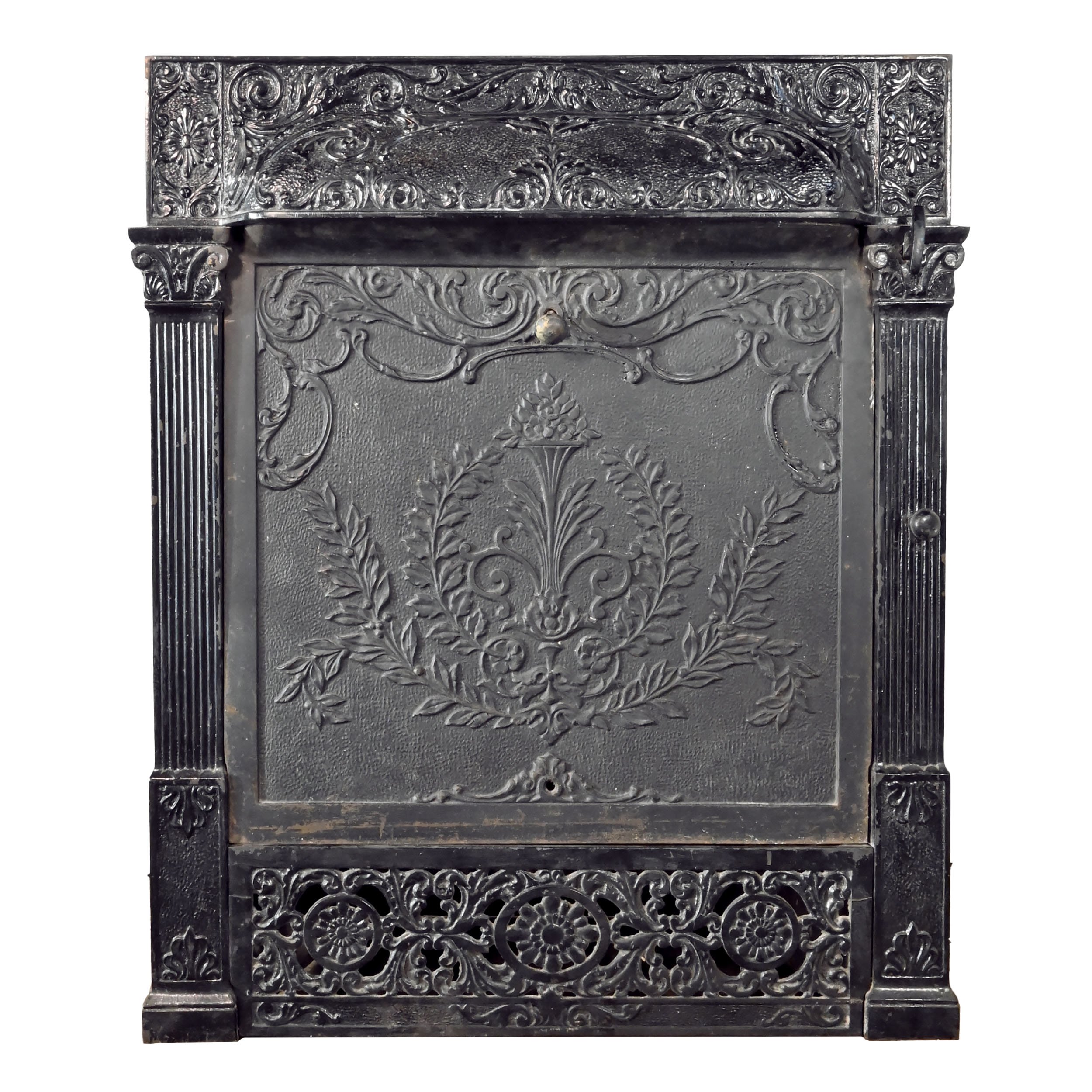 black finish cast iron fireplace insert with summer cover