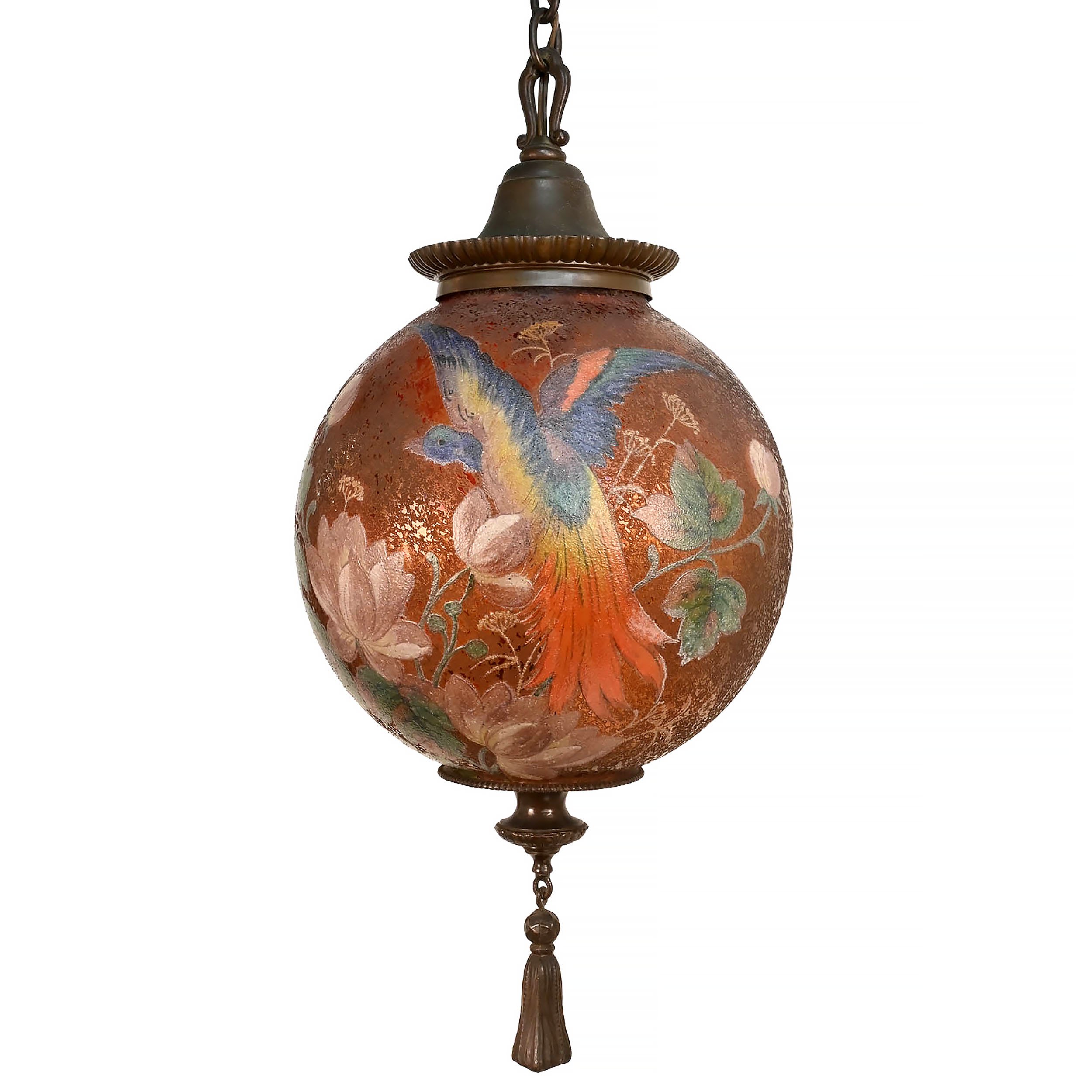 handel exotic bird and floral bronze pendant