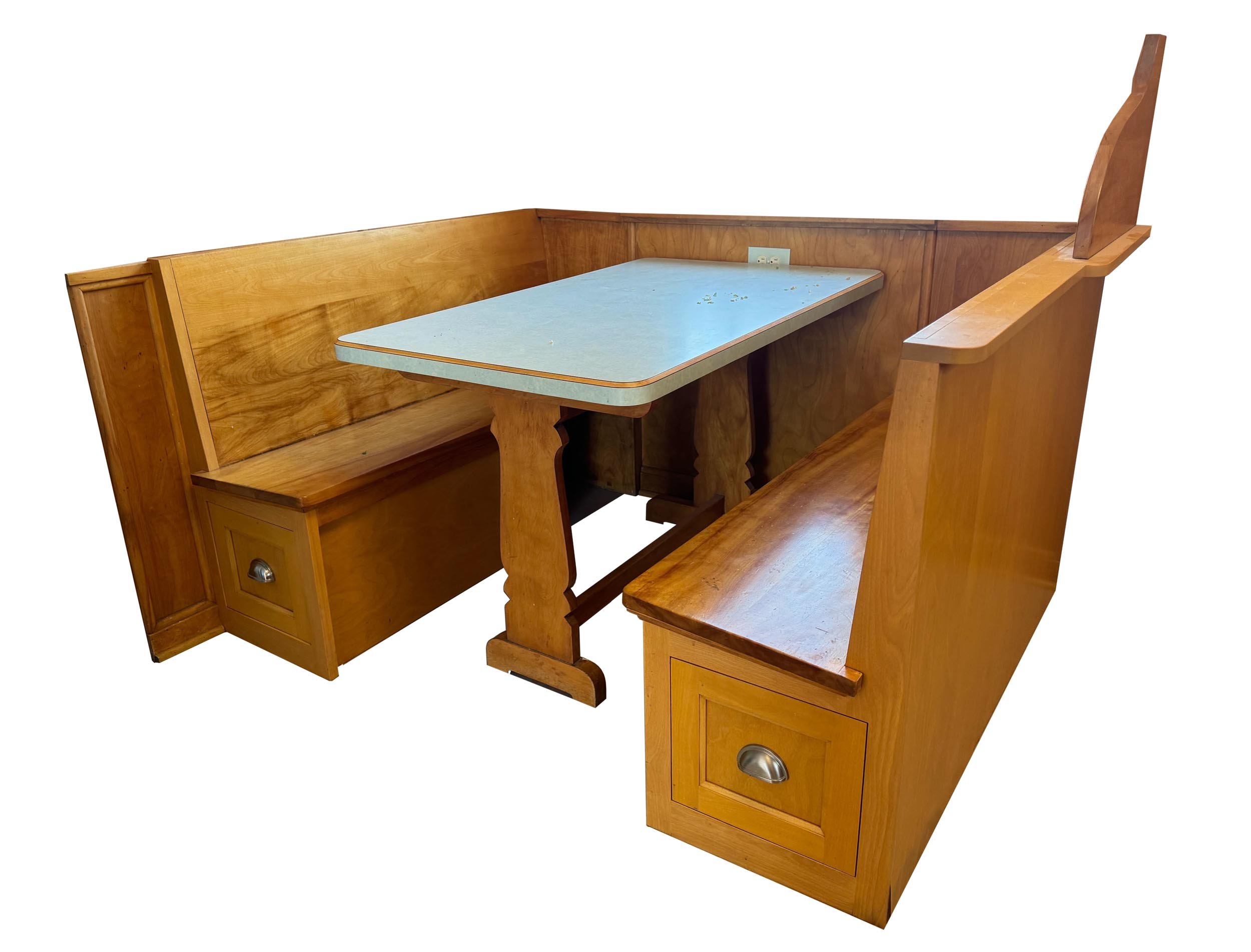 maple breakfast nook table, paneling &amp; benches with drawers