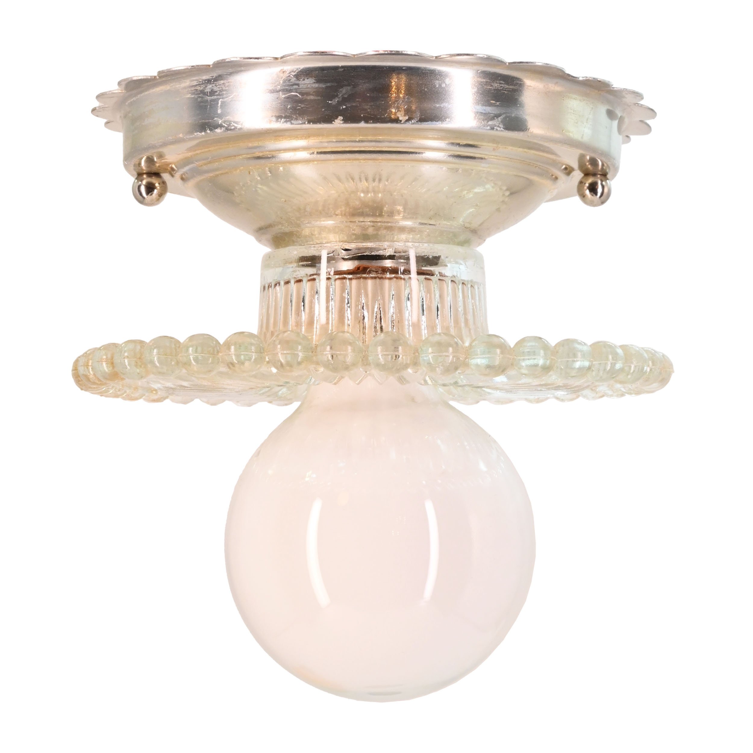 small scalloped aluminum barebulb flushmount with fluted hobnail glass