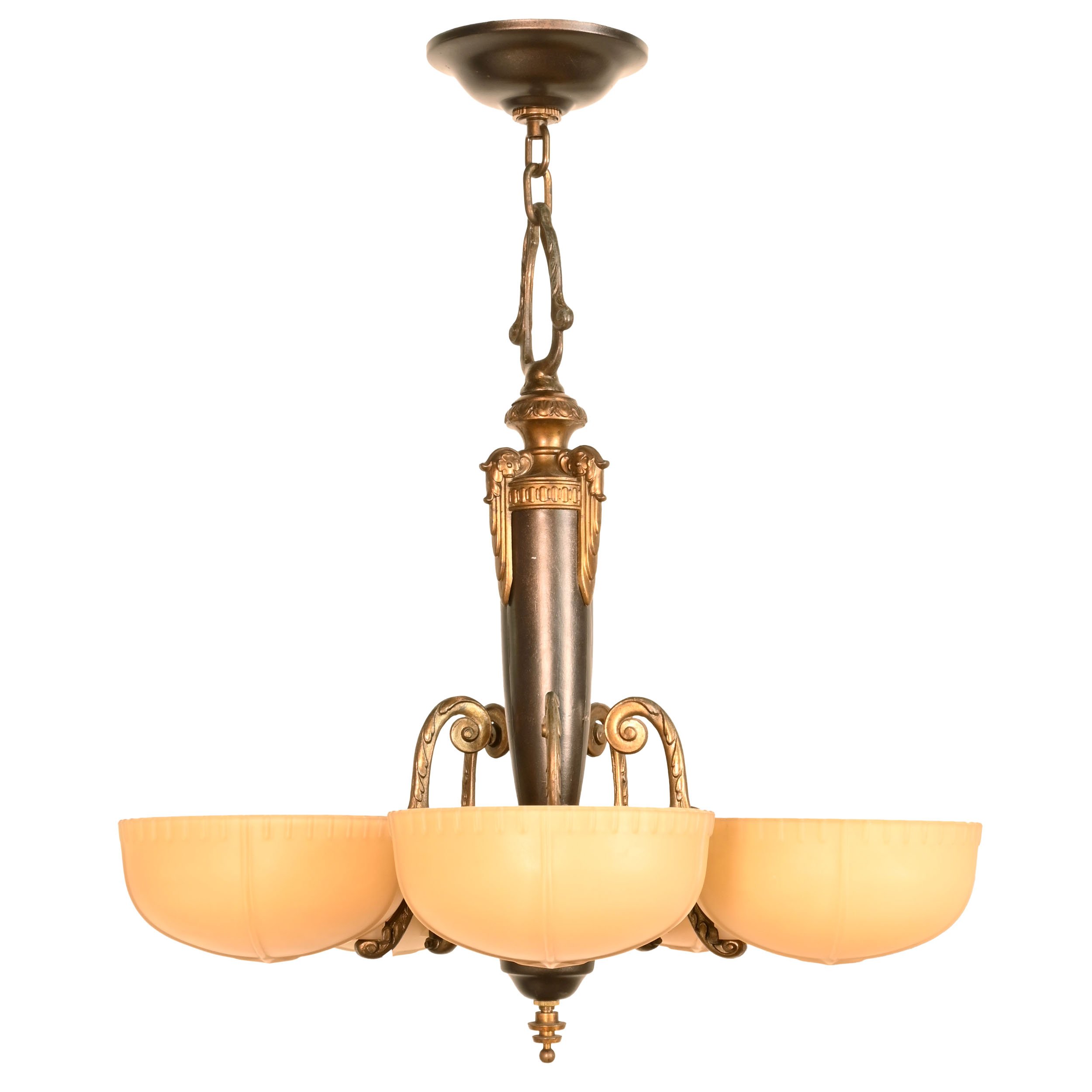 two tone five light chandelier with tan frosted slipper shades