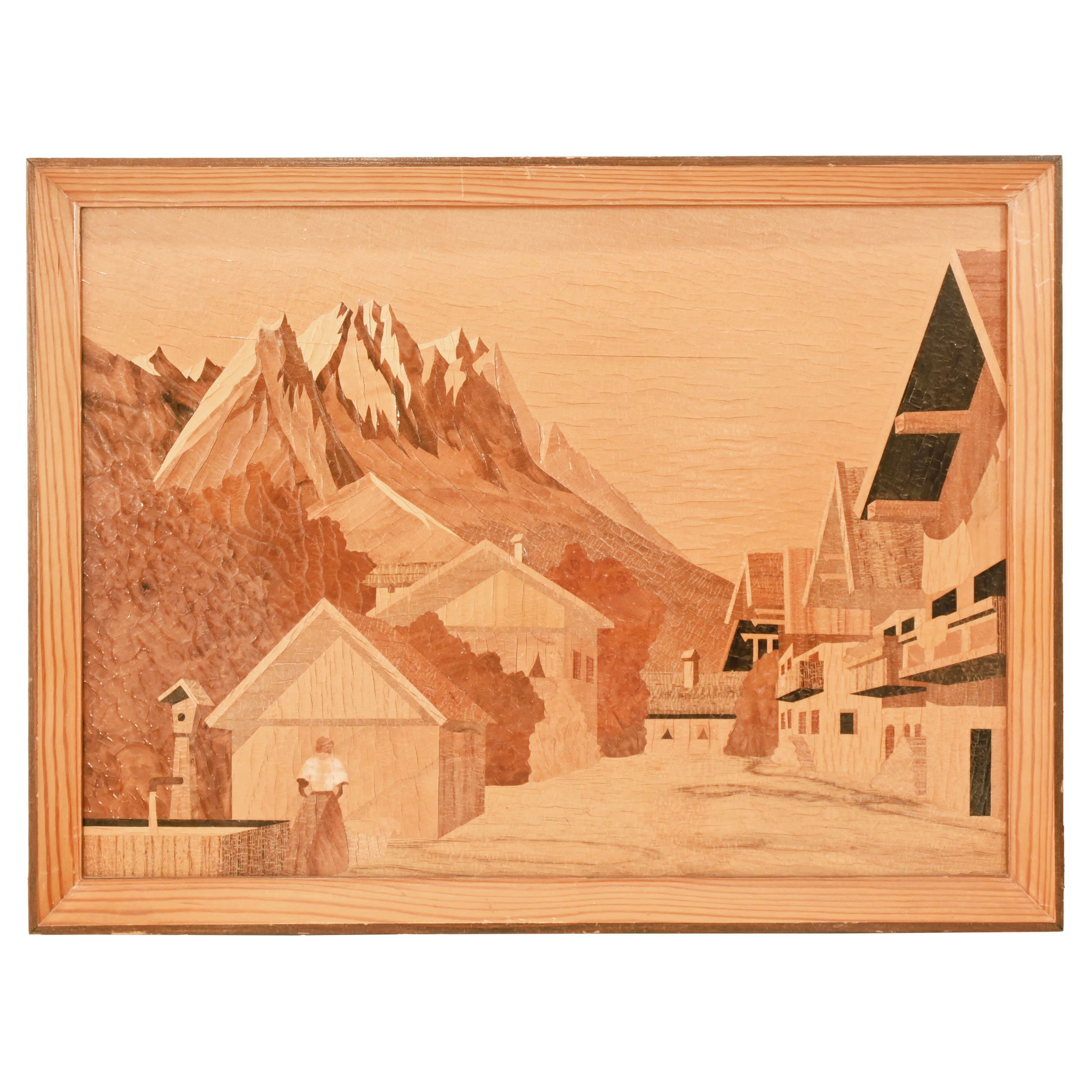 mountains and houses marquetry piece