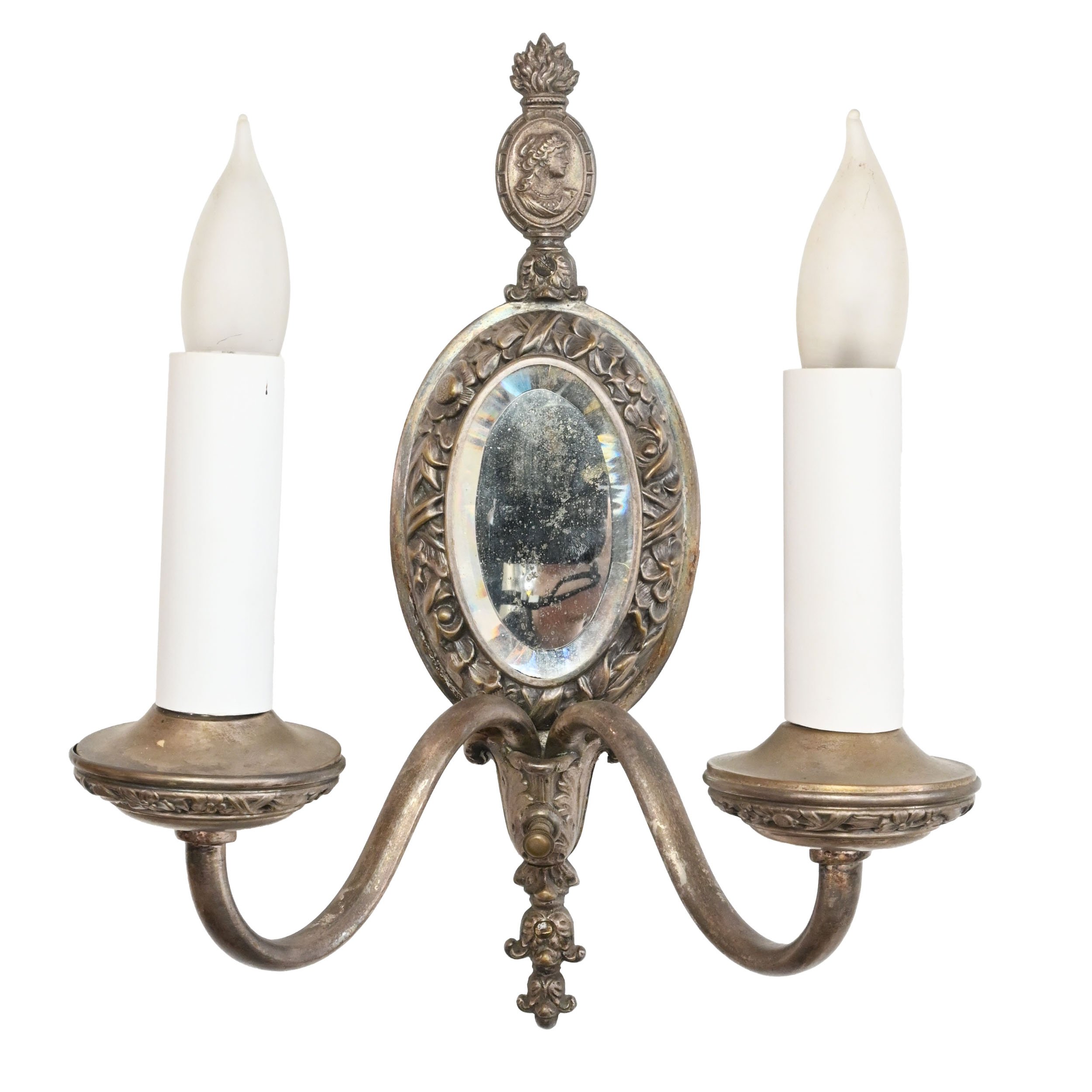 pair of silver two arm mirror sconces