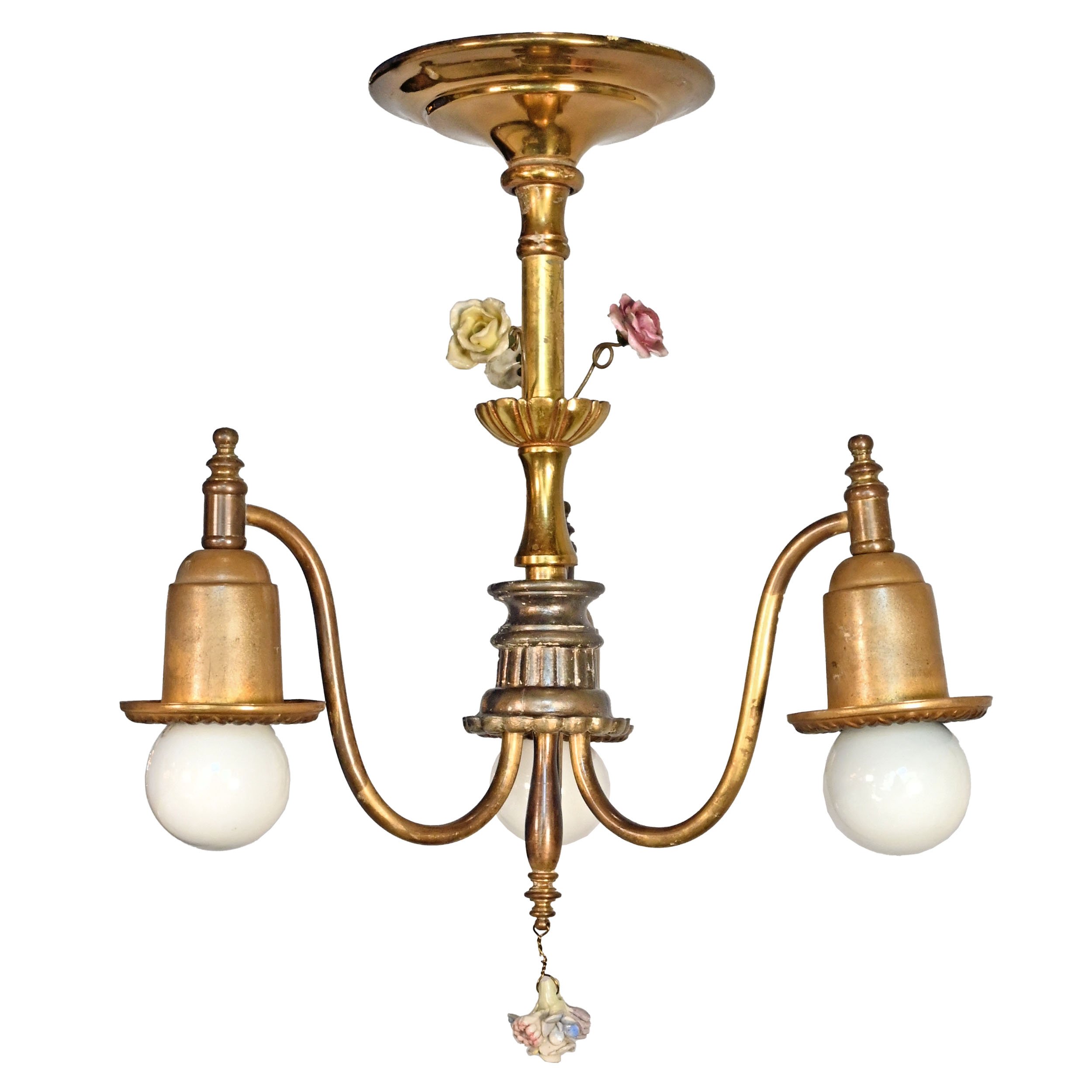 petite brass three arm chandelier with porcelain flowers