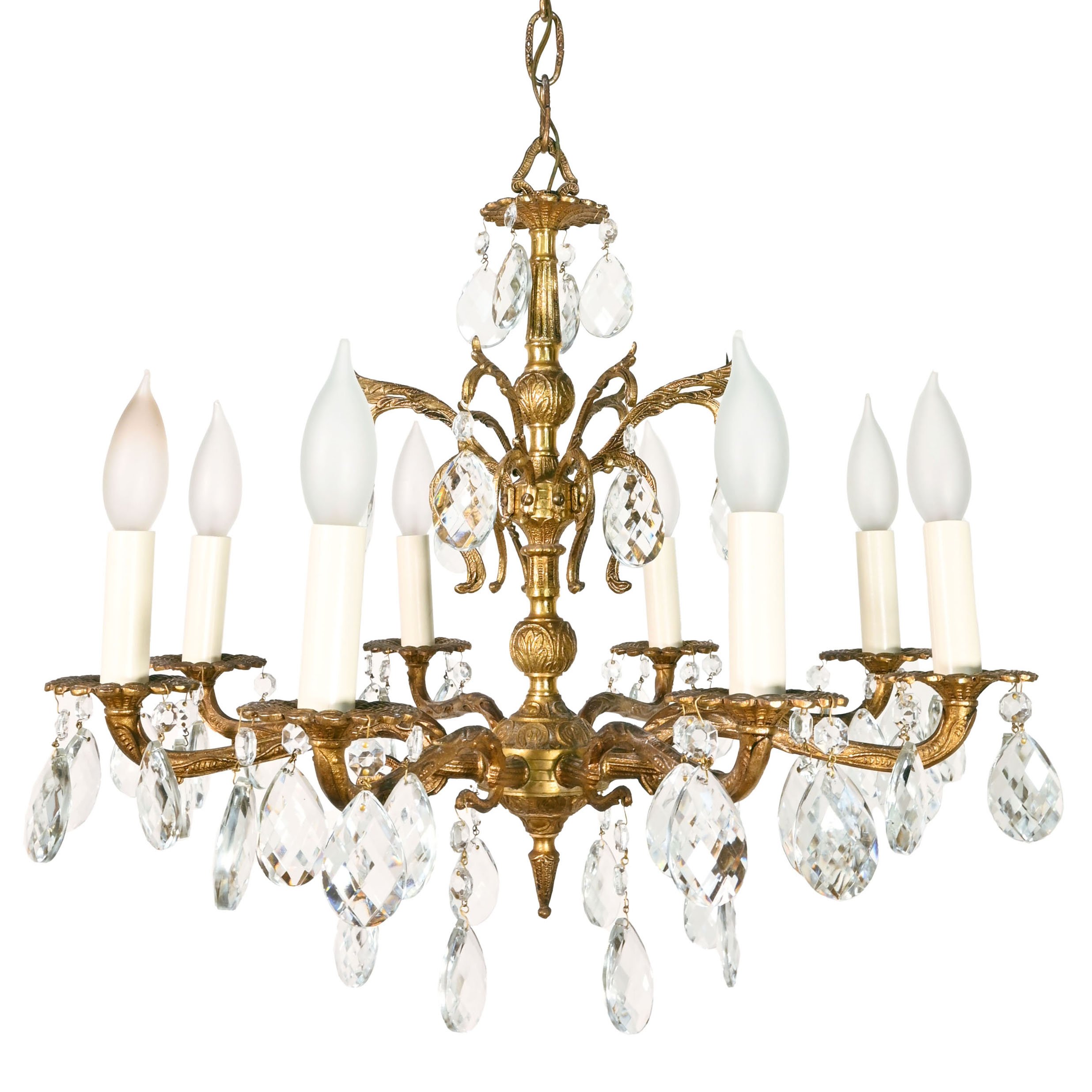 eight candle bright brass spanish chandelier with teardrop crystals