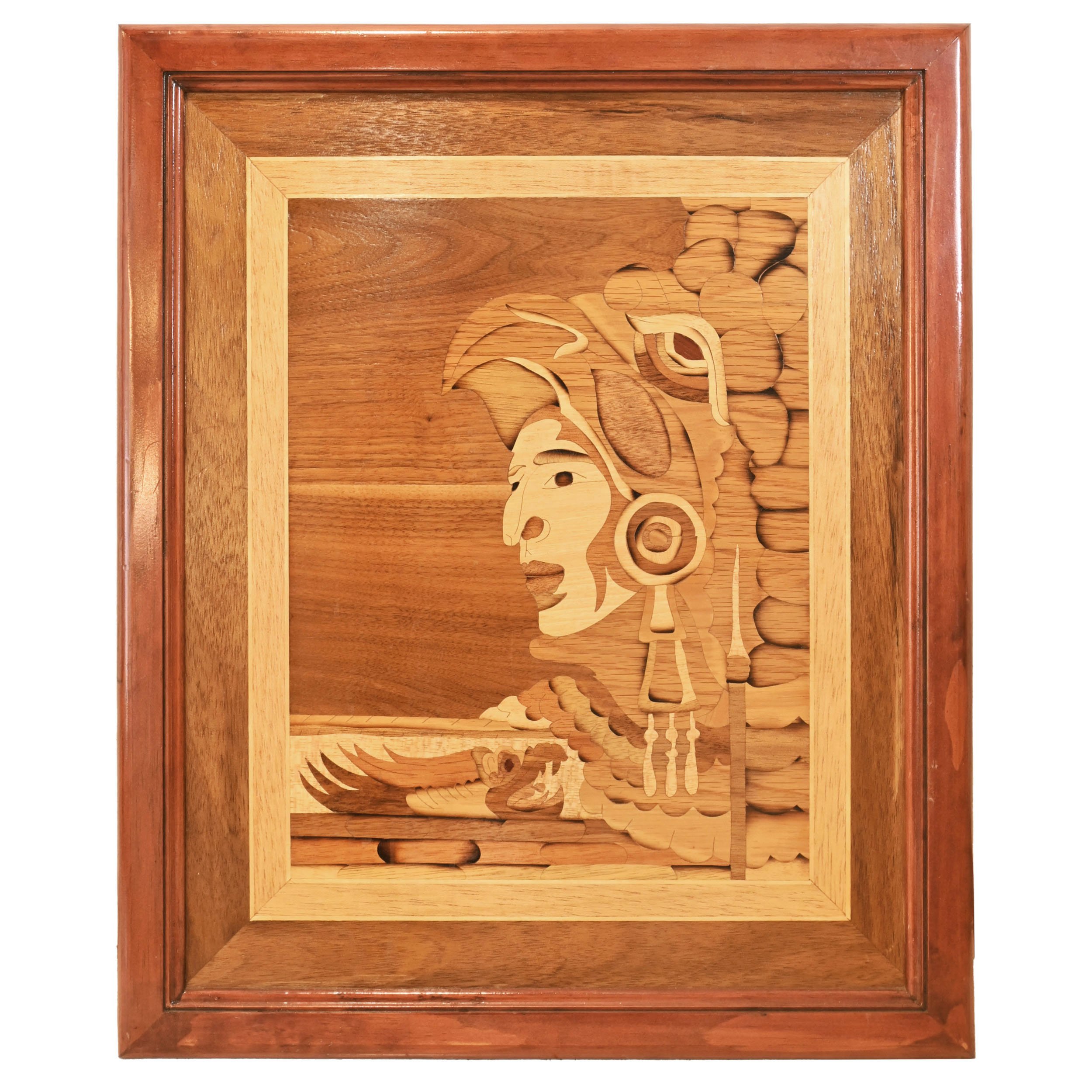 person in headdress marquetry piece