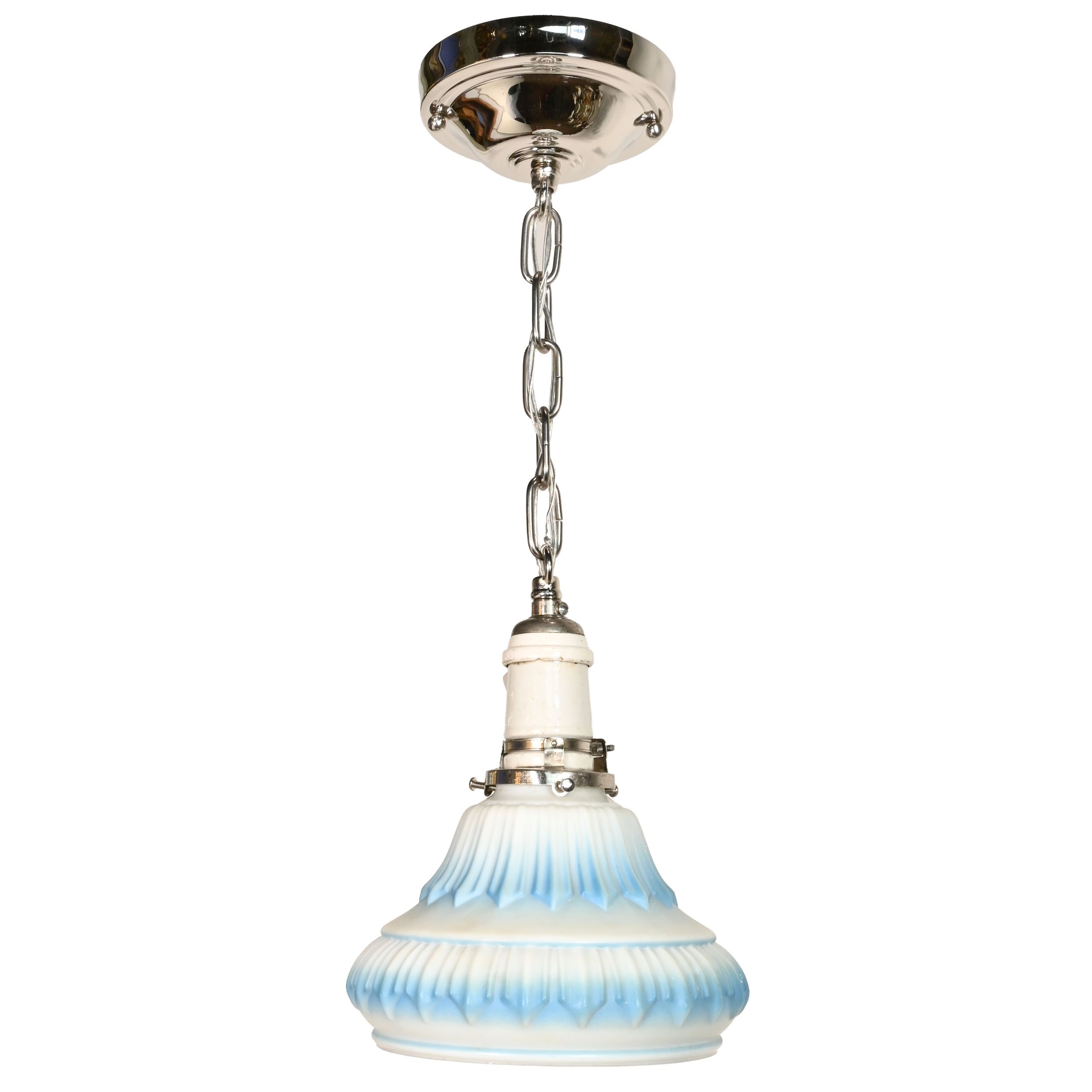 blue and white deco shade on nickel pendant with antique porcelain socket