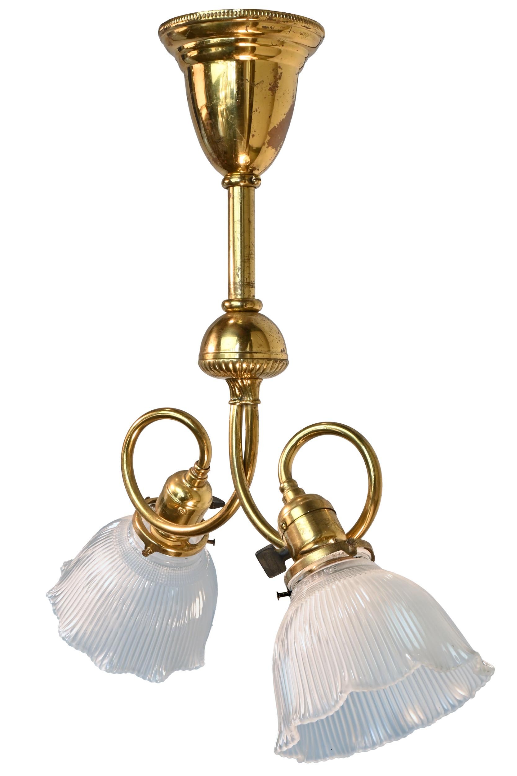 early electric double loop brass pendant with holophane shades