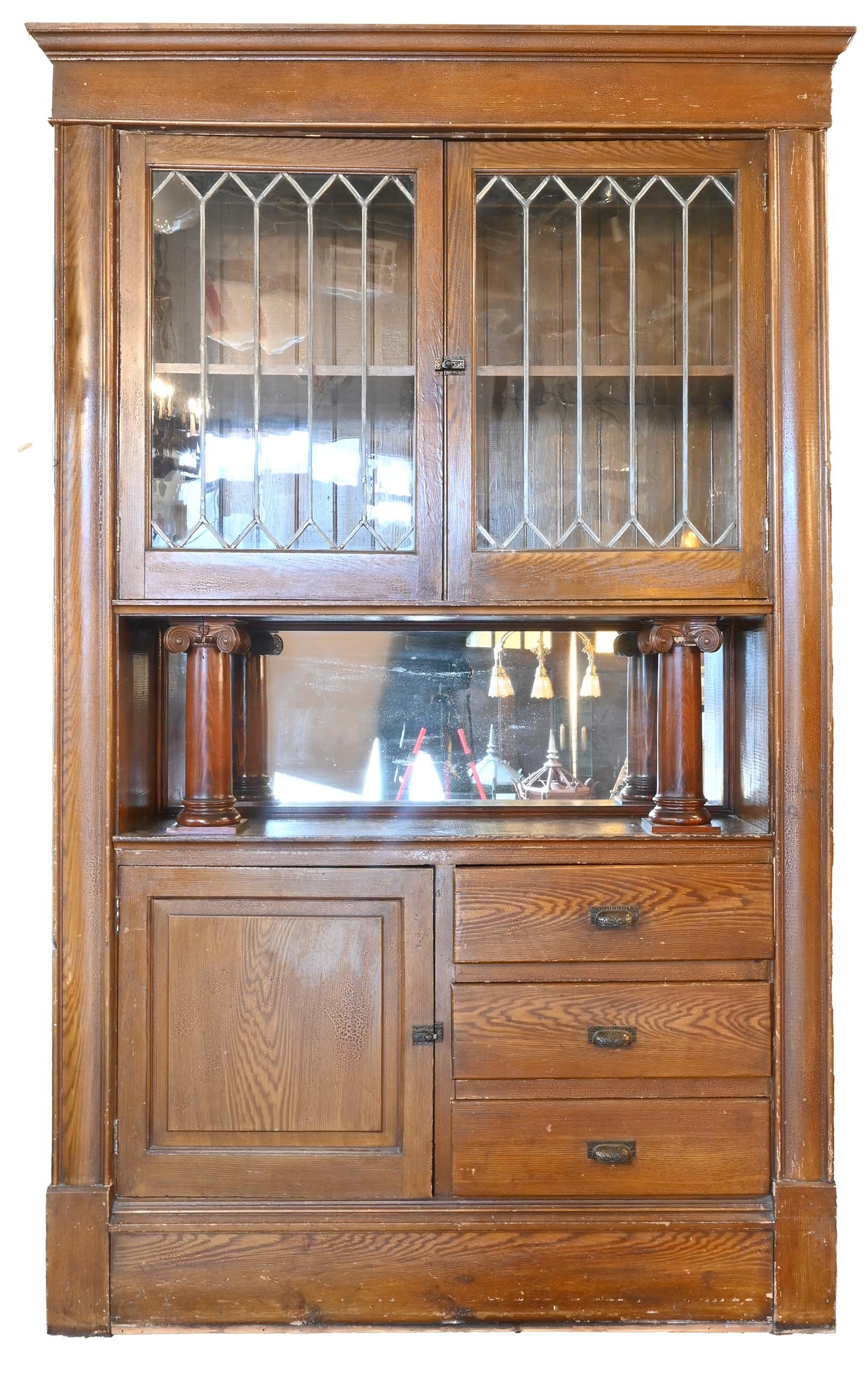built-in of fir buffet with leaded glass door upper
