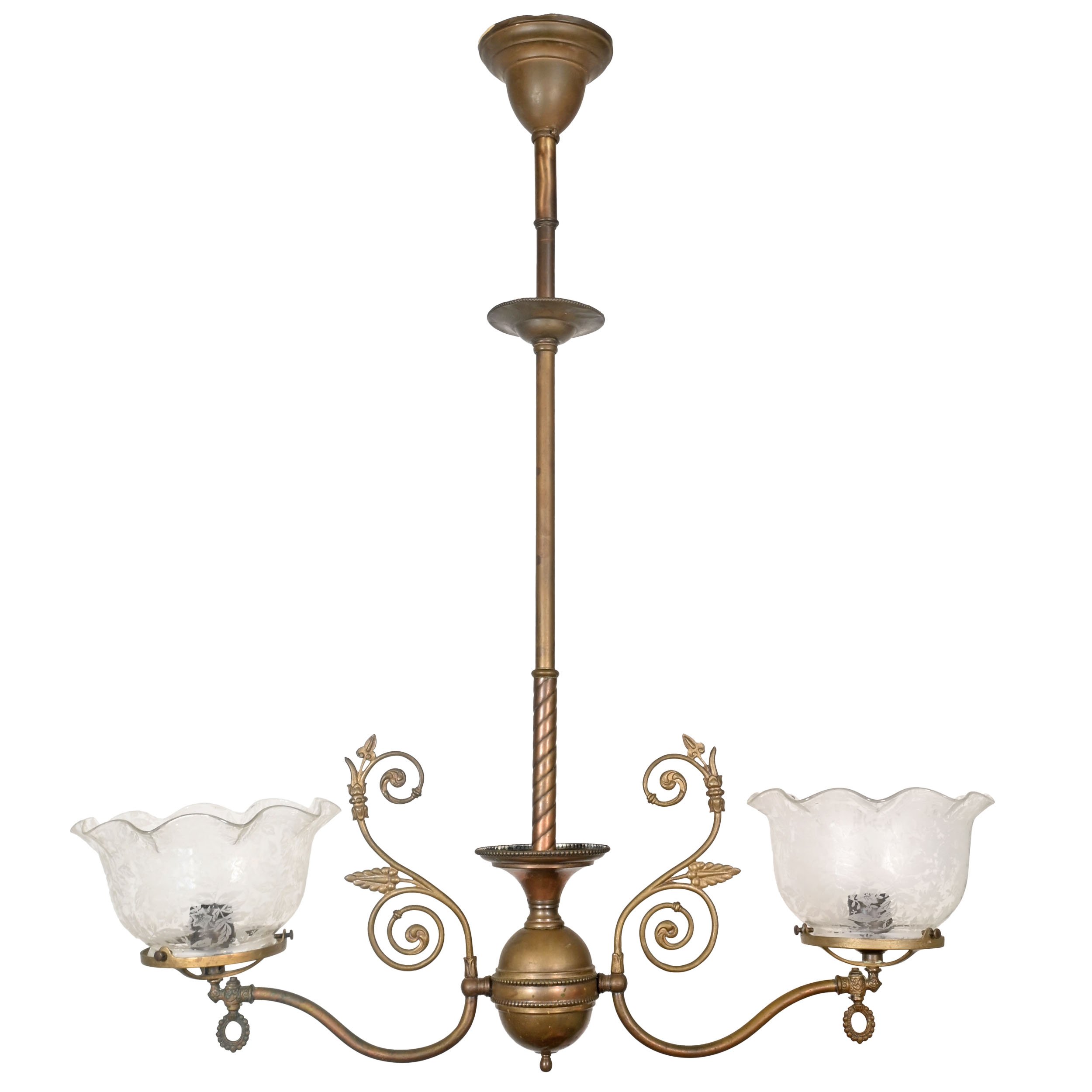 brass converted gas two light pendant with floral ruffled shades