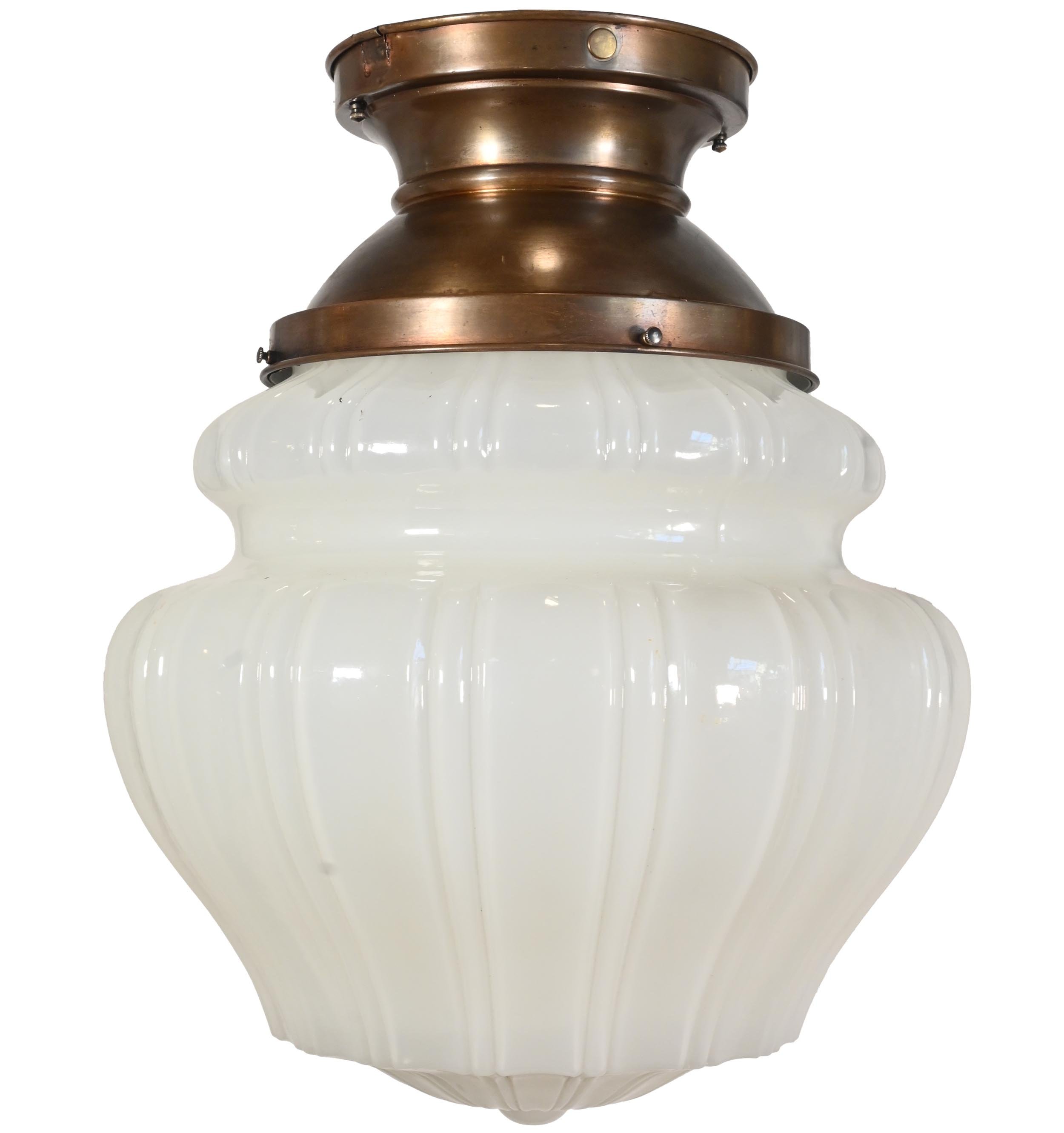 brass flush fixture with ribbed milk glass oversized 18" globe