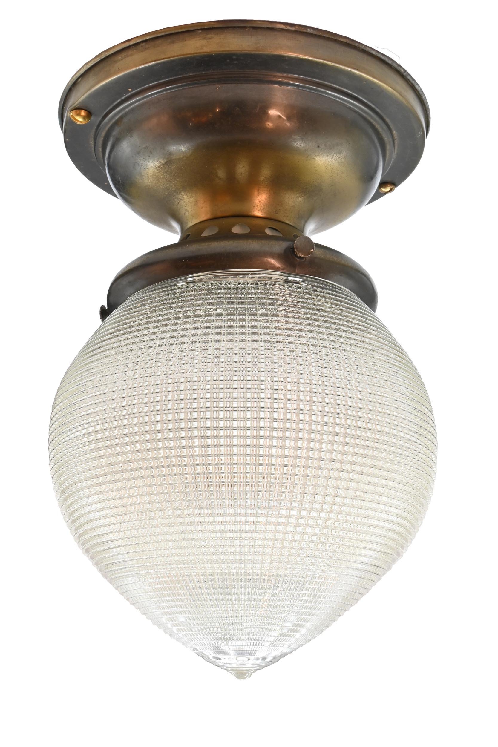 brass flush fixture with teardrop prismatic shade