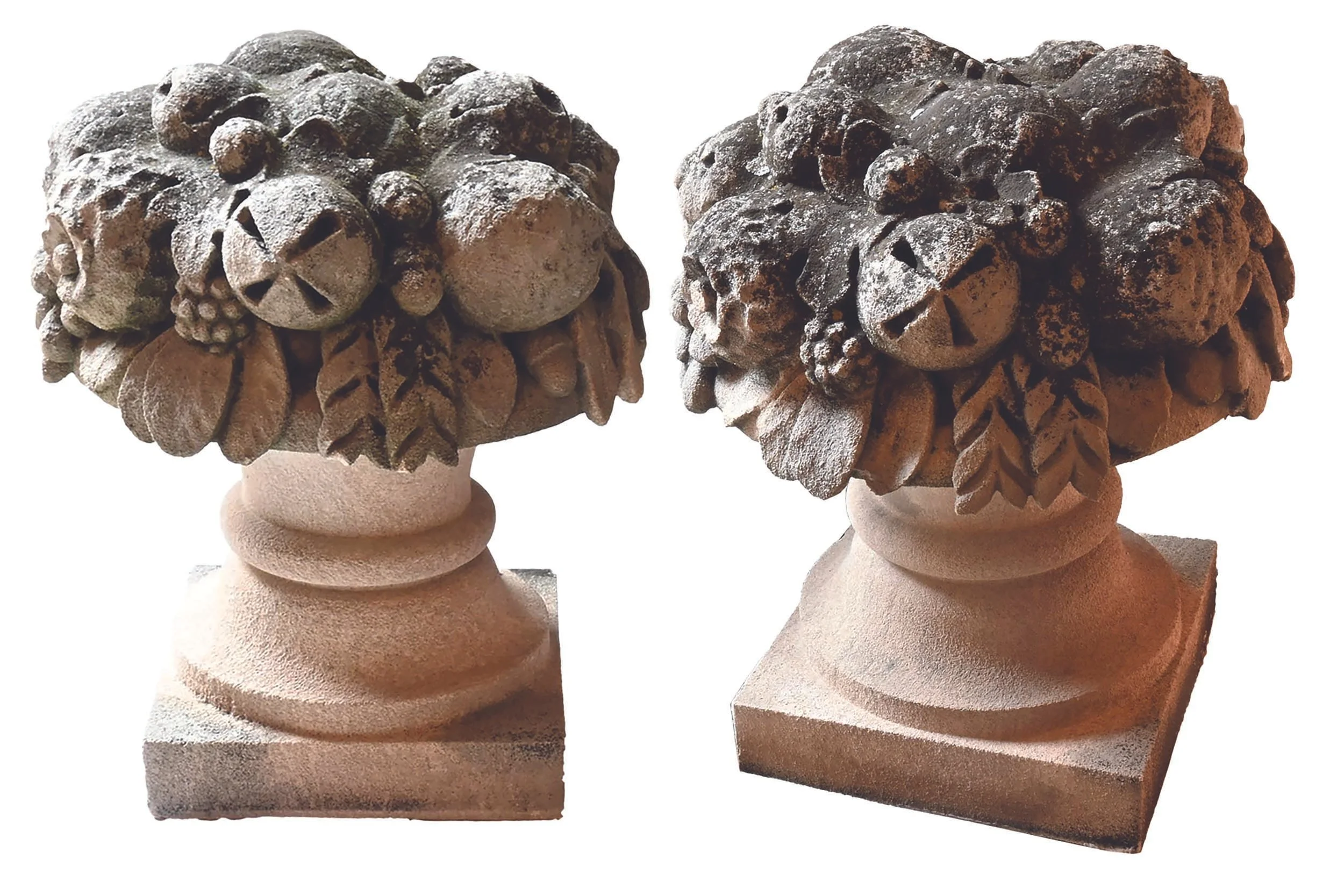 limestone hand carved fruit basket statue in italianate romanesque style