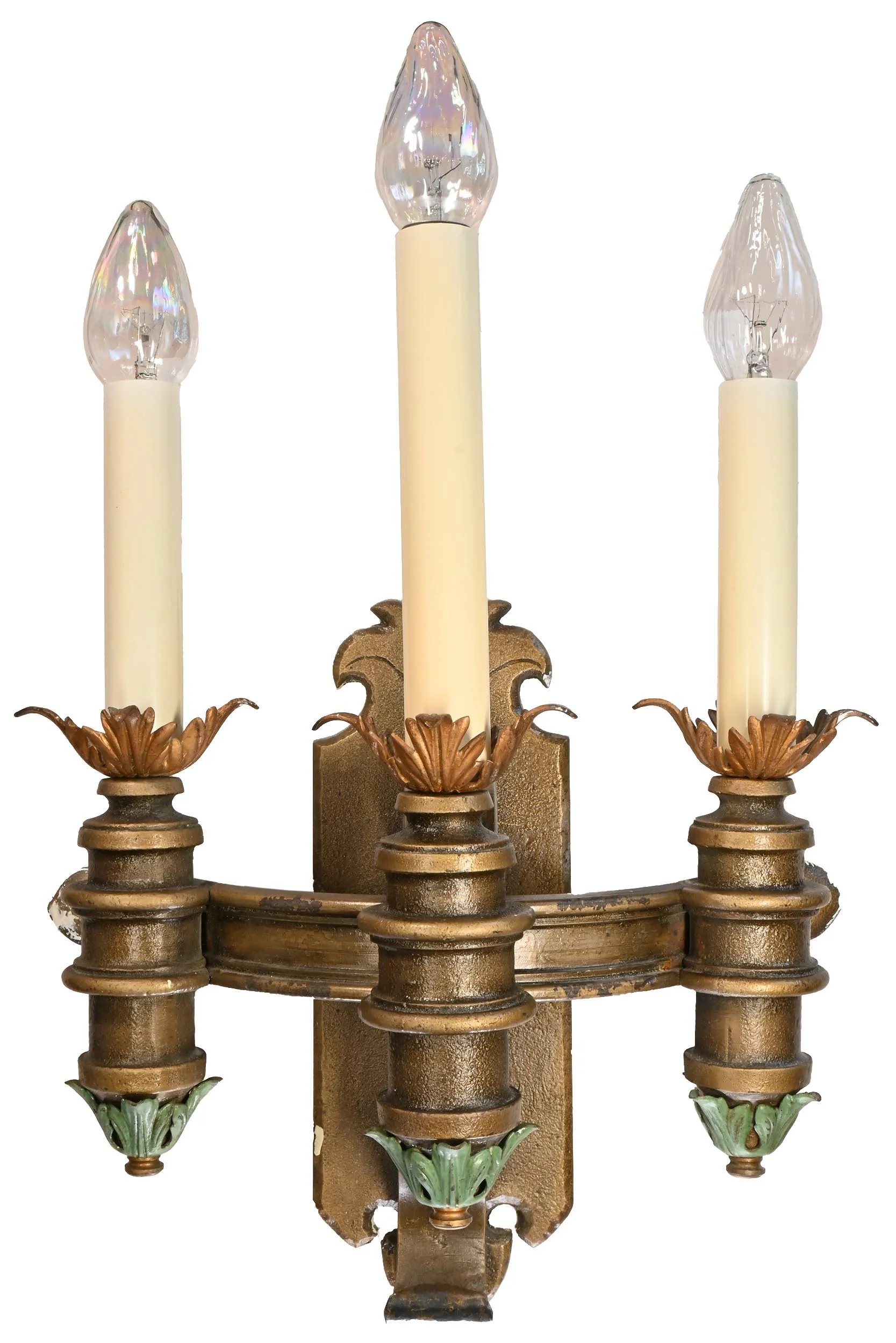 three candle larger scale green & gold leafy sconce pairs with original polychrome