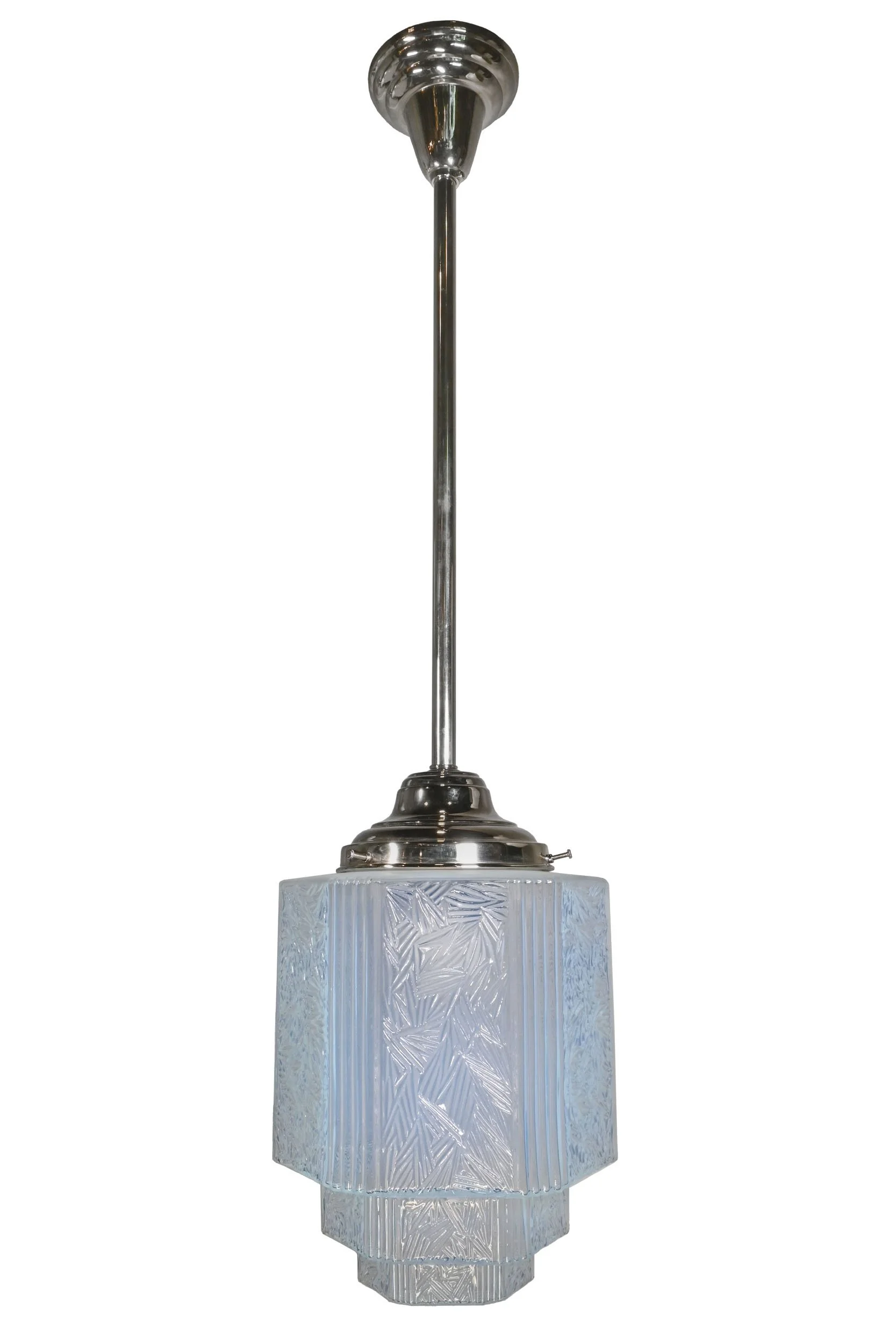 25528 glacial ice blue vaseline art deco shade on nickel pendant 1.jpg
