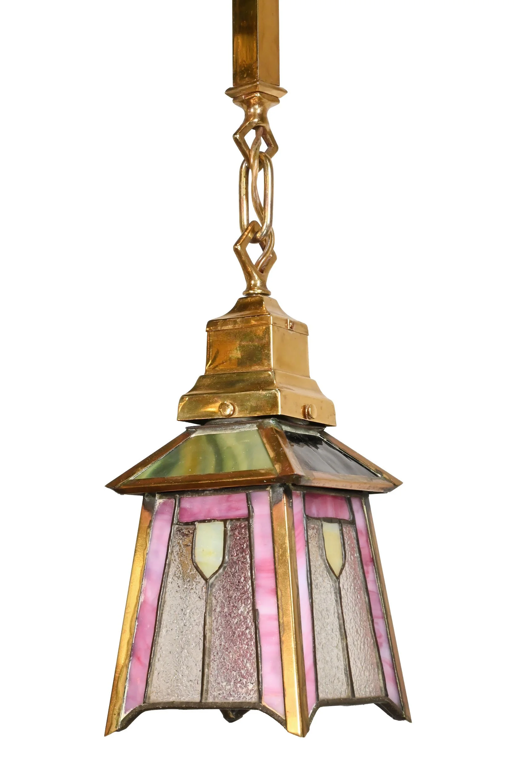 25510 arts and crafts polished brass and leaded glass pendant 1.jpg