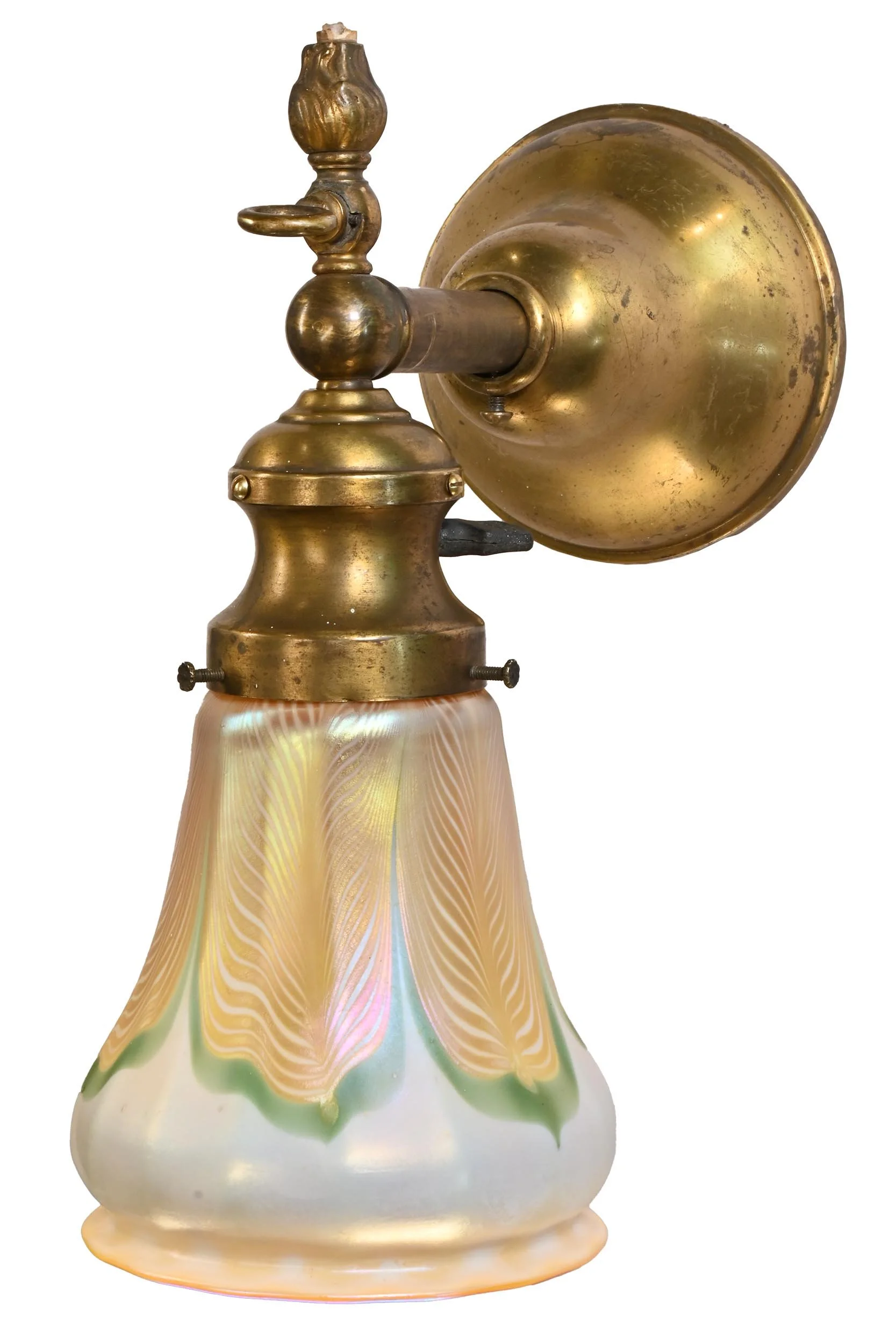 25729 brass gas electric pulled quezal feather sconce pair 4.jpg