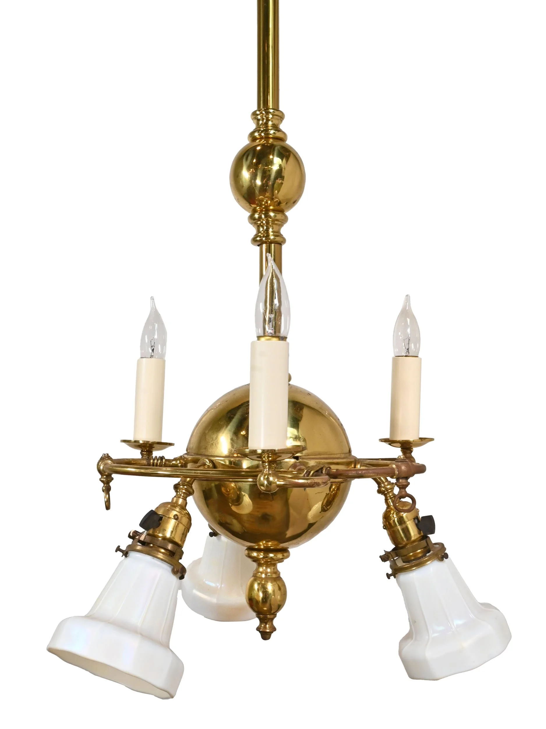 25696 brass art nouveau gas electric three shade three candle chandelier 1.jpg
