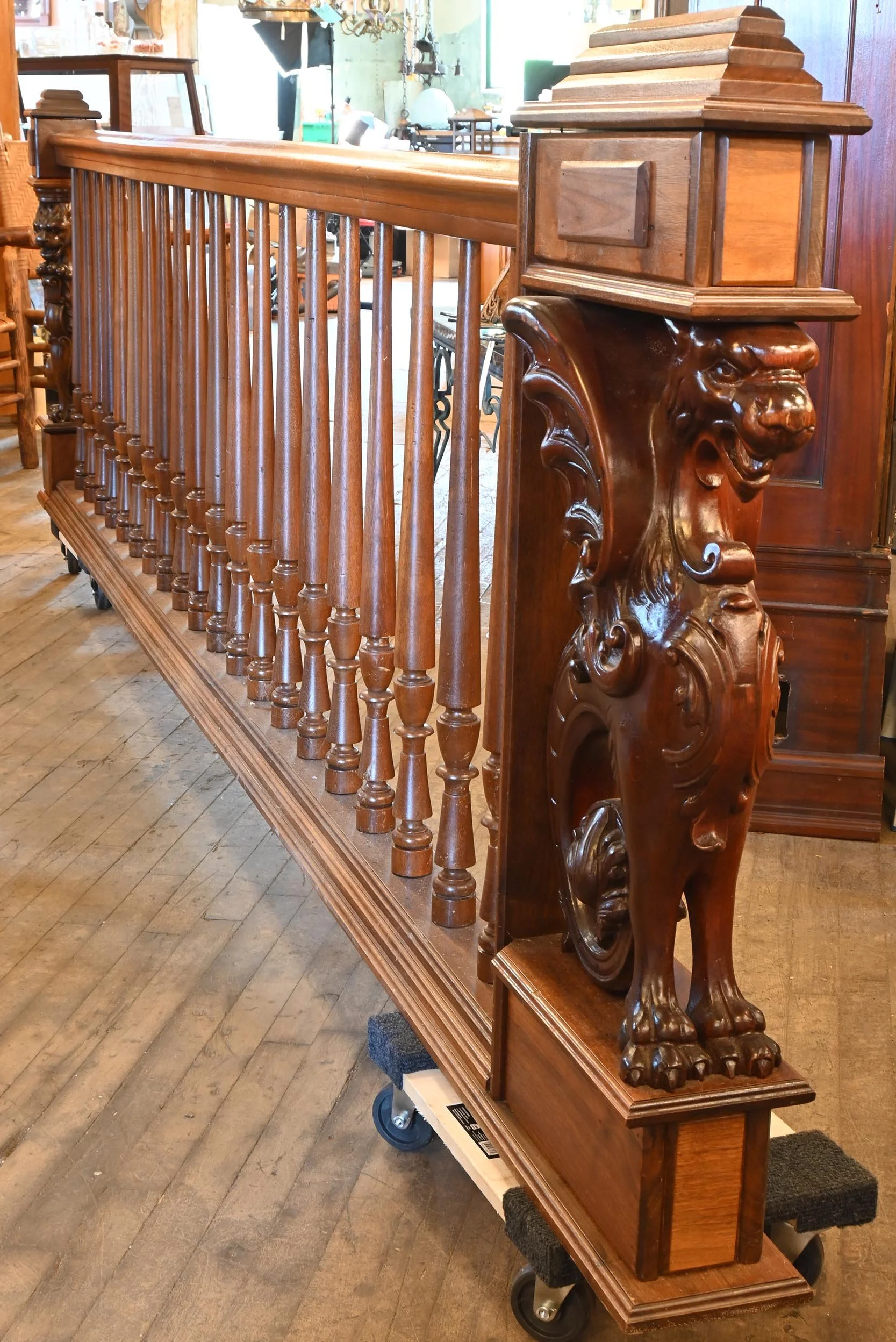 Walnut Hand Railing 13 foot walnut rail with hand carved oak lion & hand carved griffin ...