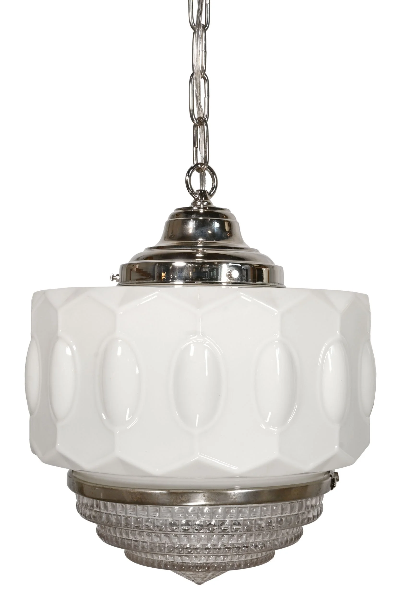 25559 midcentury modern pendant with milk glass drum shade and clear prismatic bottom lens 1.jpg