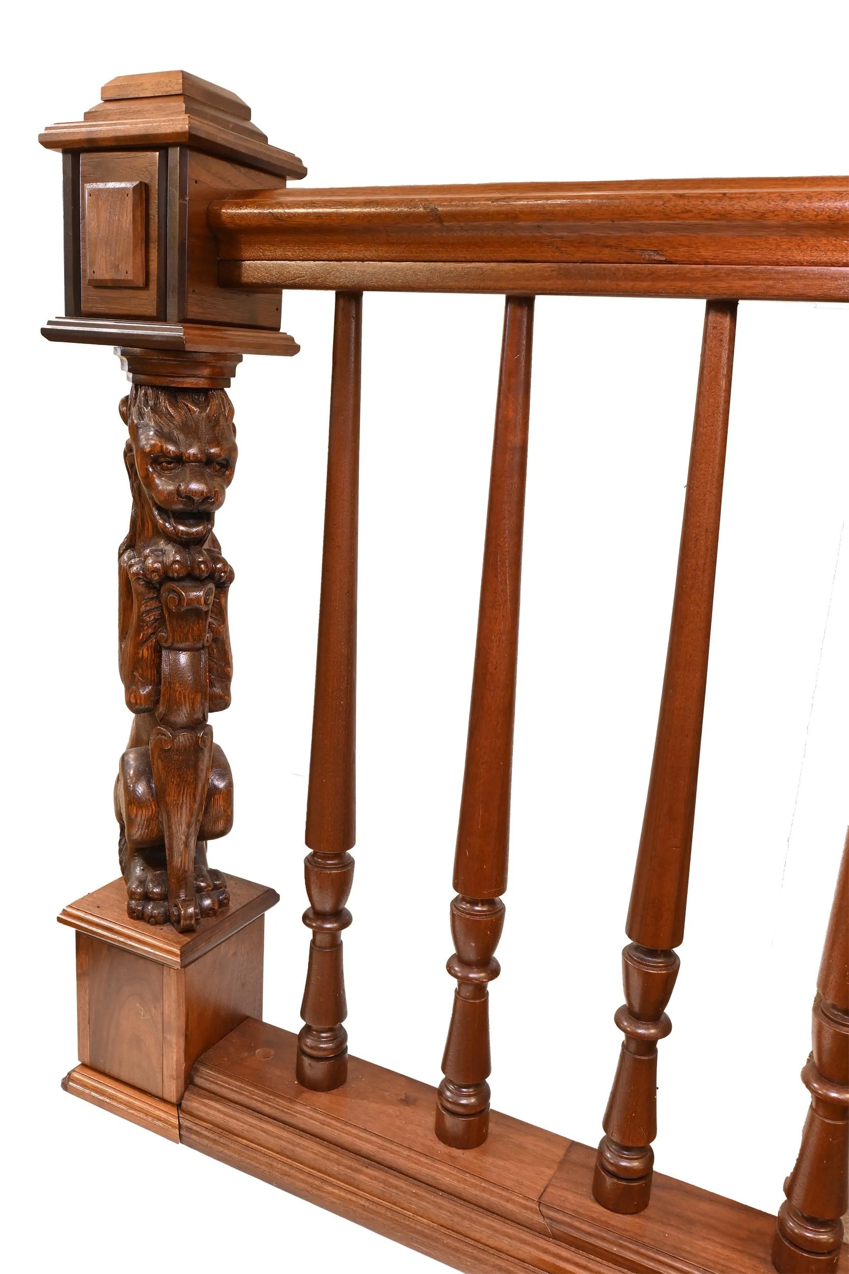 Walnut Custom Railing 13 foot walnut rail with hand carved oak lion & hand carved griffin ...