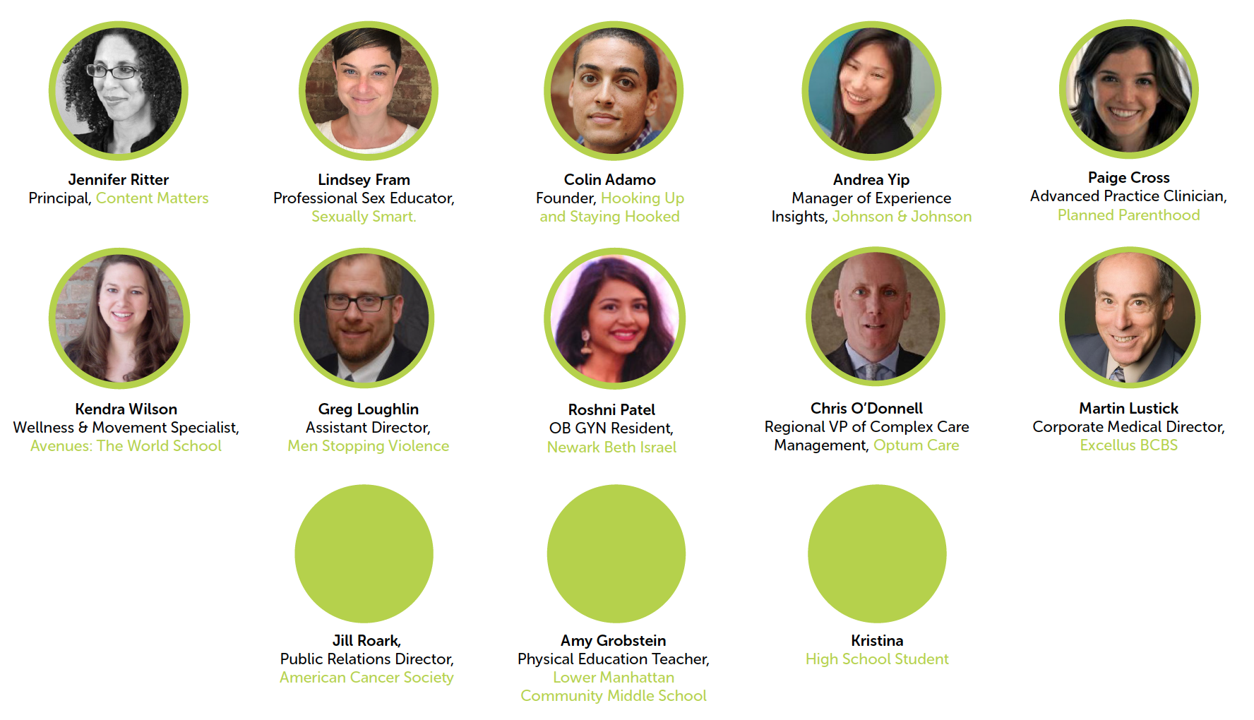 Some of the subject matter experts we chatted with that included professionals at Planned Parenthood and Johnson & Johnson, directors at non-protif organizations, and middle school teachers and students.