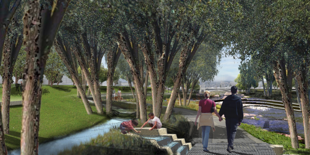 Rendering of a new riverfront community park in Canoga Park along the Los Angeles River according to the Los Angeles River Revitalization Master Plan. Source: Los Angeles River Revitalization Master Plan