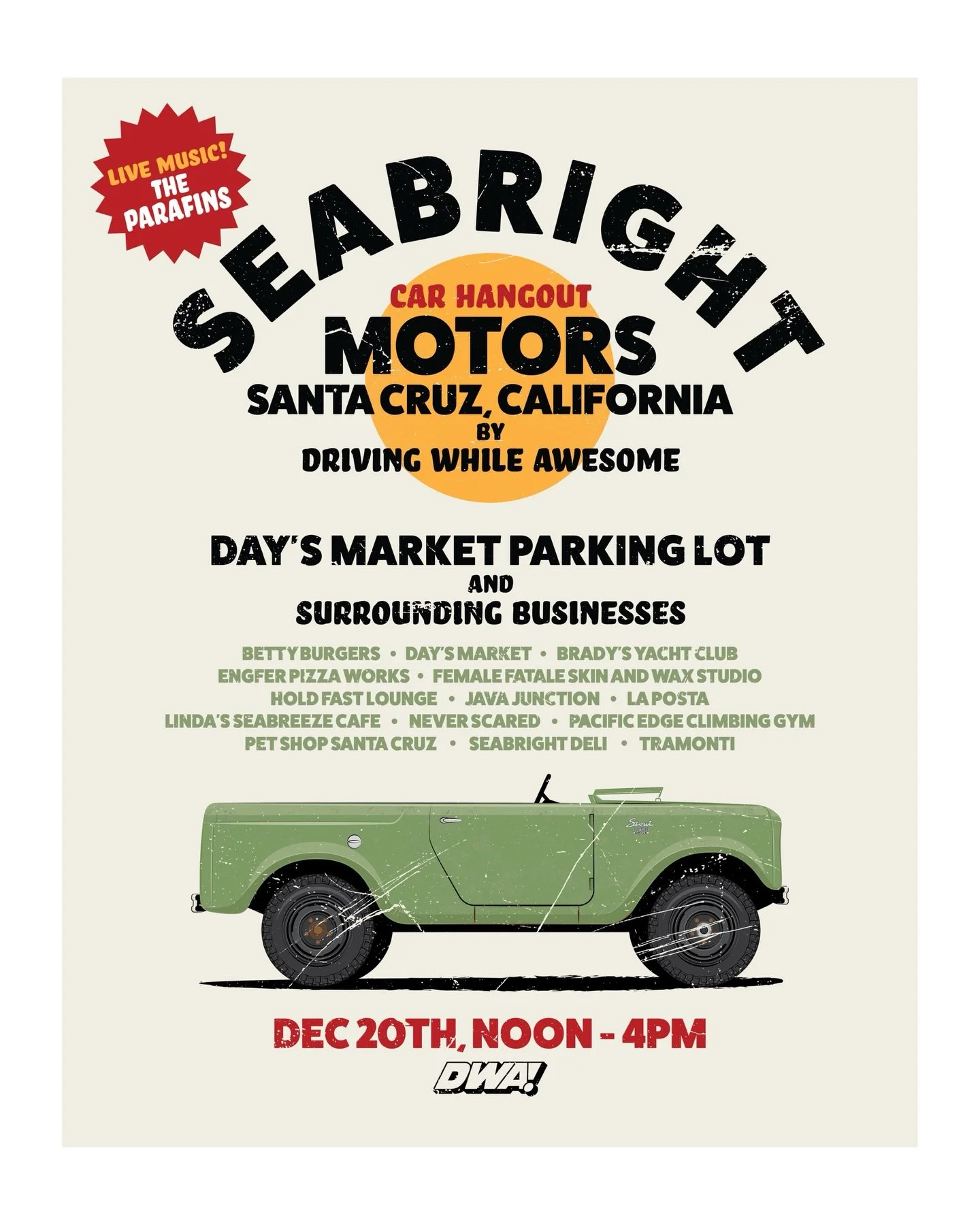 We&rsquo;re stoked to announce that The Parafins will be playing their awesome surf music at DWA! Seabright Motors.

Bring your ride, your friends and family to lower Seabright for cars, good times, food, and drinks. 

Support these businesses that h