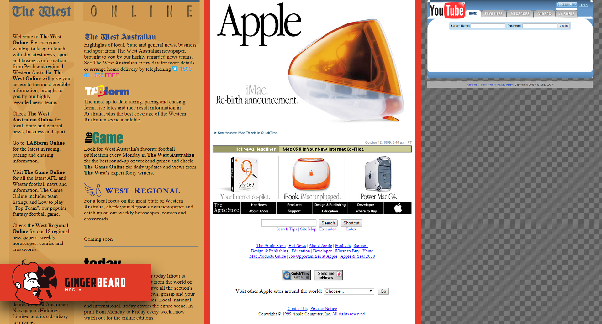 Images sourced from web.archive.org (The West May 10th 2000, Apple - Apr 17th 1999, YouTube 28 April 2005)