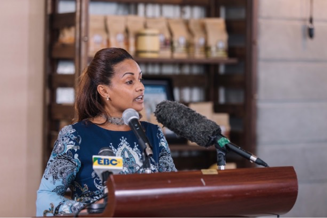 Bethlehem Tilahun Alemu speaks at the opening of the Garden of Coffee roastery in Addis Ababa