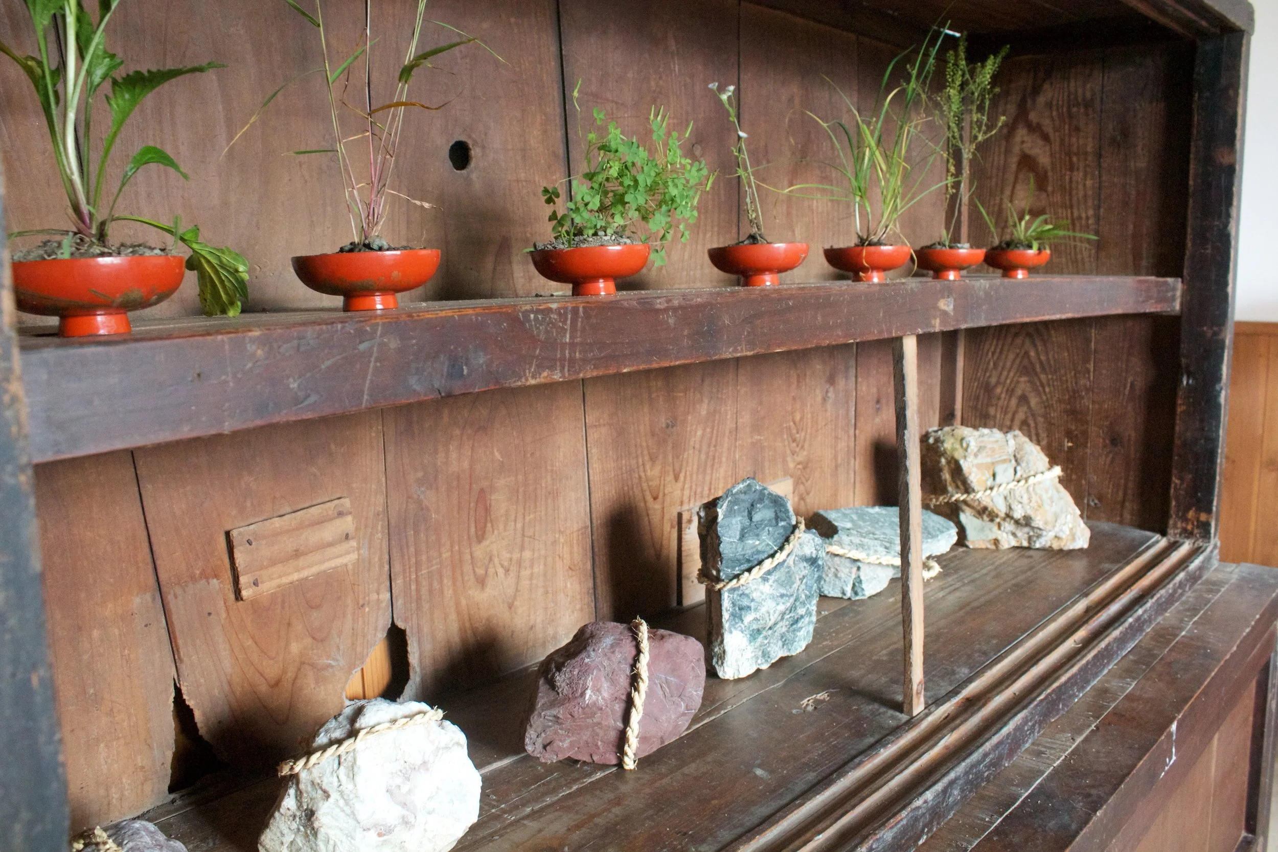 Shrine 2016. natural elements, bell, handmade rope, cabinet. Onishi, Japan