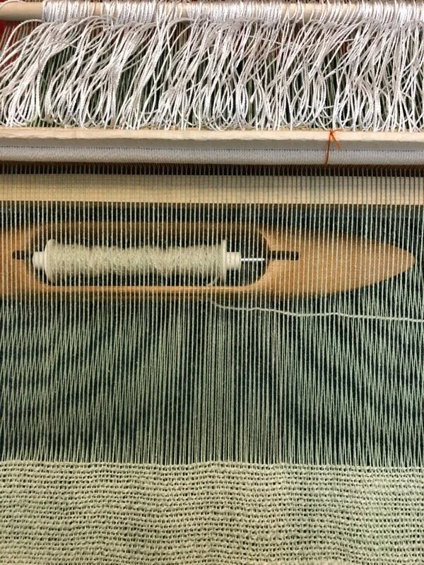 Plainweave on the backstrap loom, with commercial cotton warp, handspun wool weft. Bamboo reed controlling the sett.