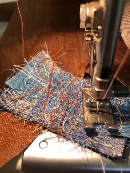 Focus has been tight lately. A current sewing project. I’m making a sturdy denim jumper which will have big pockets and a wide enough skirt for exploring and sitting outside. (I use these bits of fabric to sew into before and after seams, to preserve thread and keep the machine’s tension smooth. They become like little thread drawings, collaged of previous cloth.)