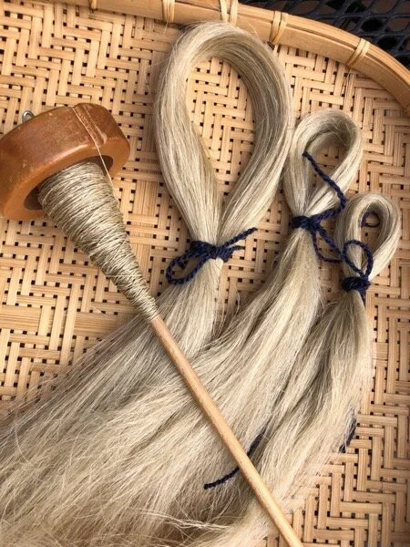 Hackled flax, folded and tied, and spinning in progress on Ashford high whorl spindle.