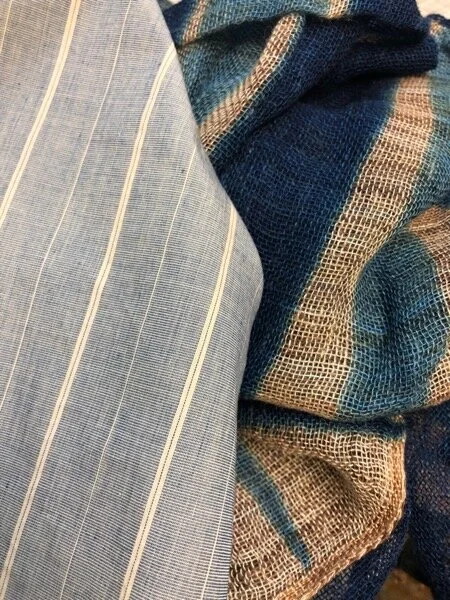 Striped Japanese shirting and indigo/persimmon dip-dyed plant fiber cloth, detail.