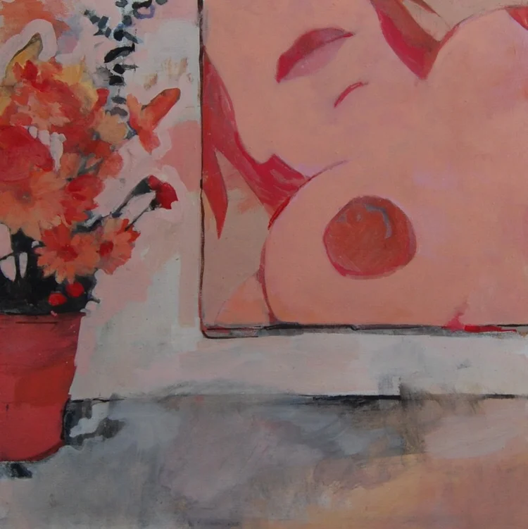 Wesselman with Flowers, Oil and mixed media on canvas