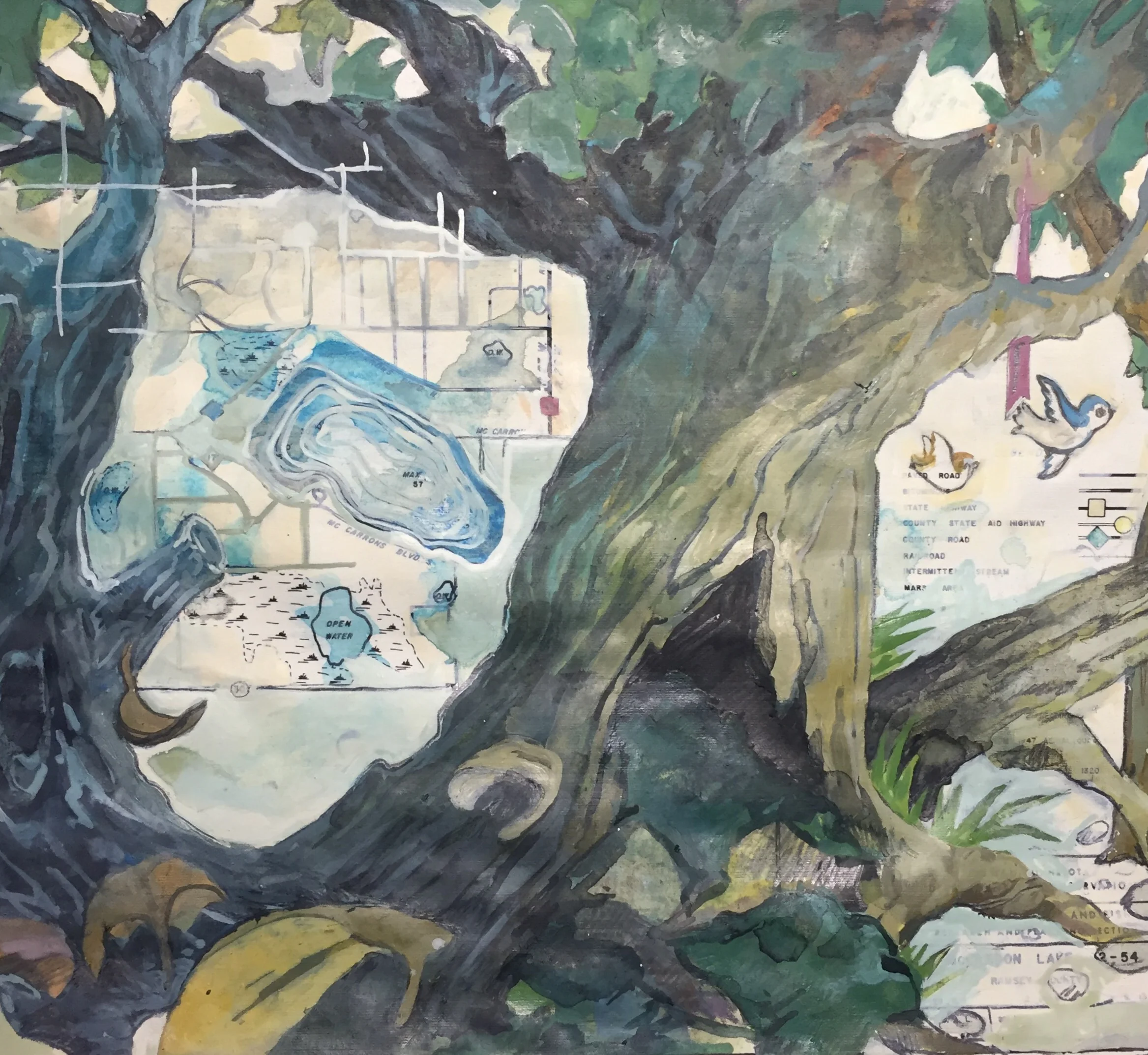 McCarrons Mixed media on map with gesso