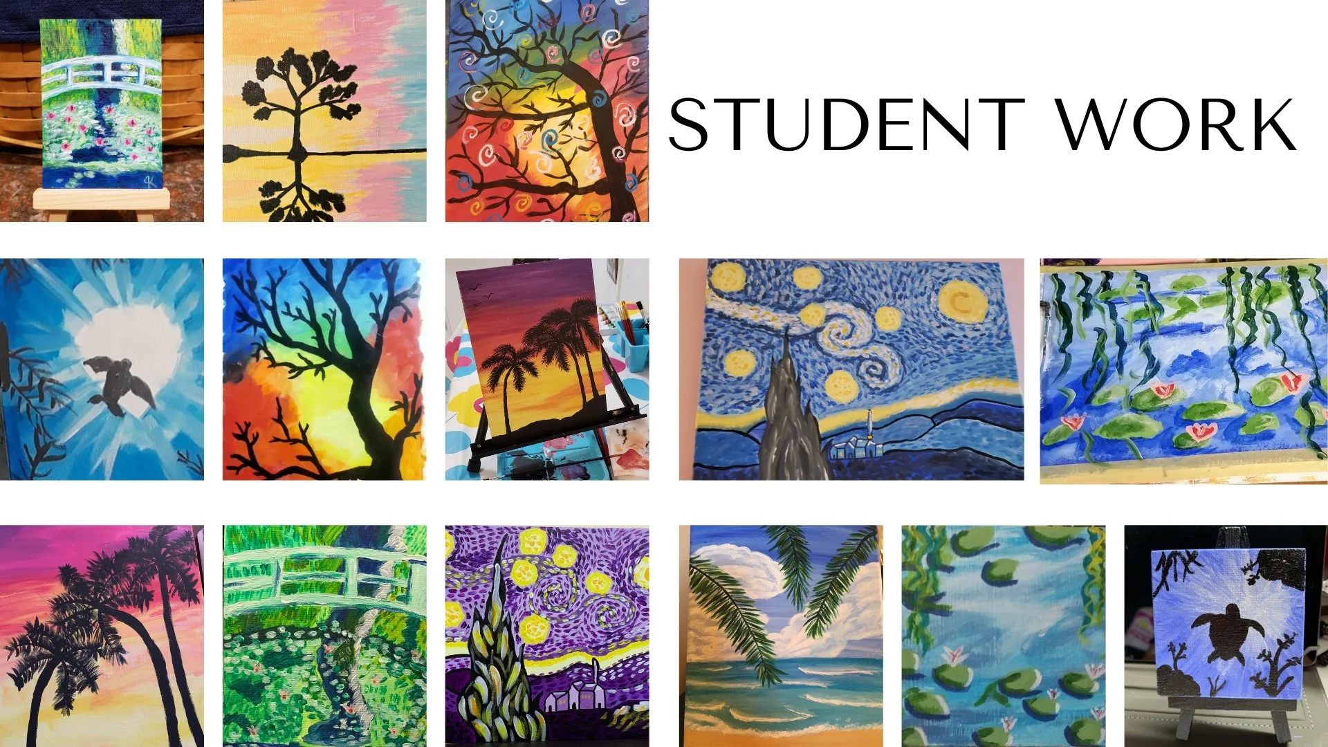 Collection of colorful landscape and nature-themed paintings, including trees, water, and sky scenes, displayed on canvases and an easel, with a large "Student Work" heading