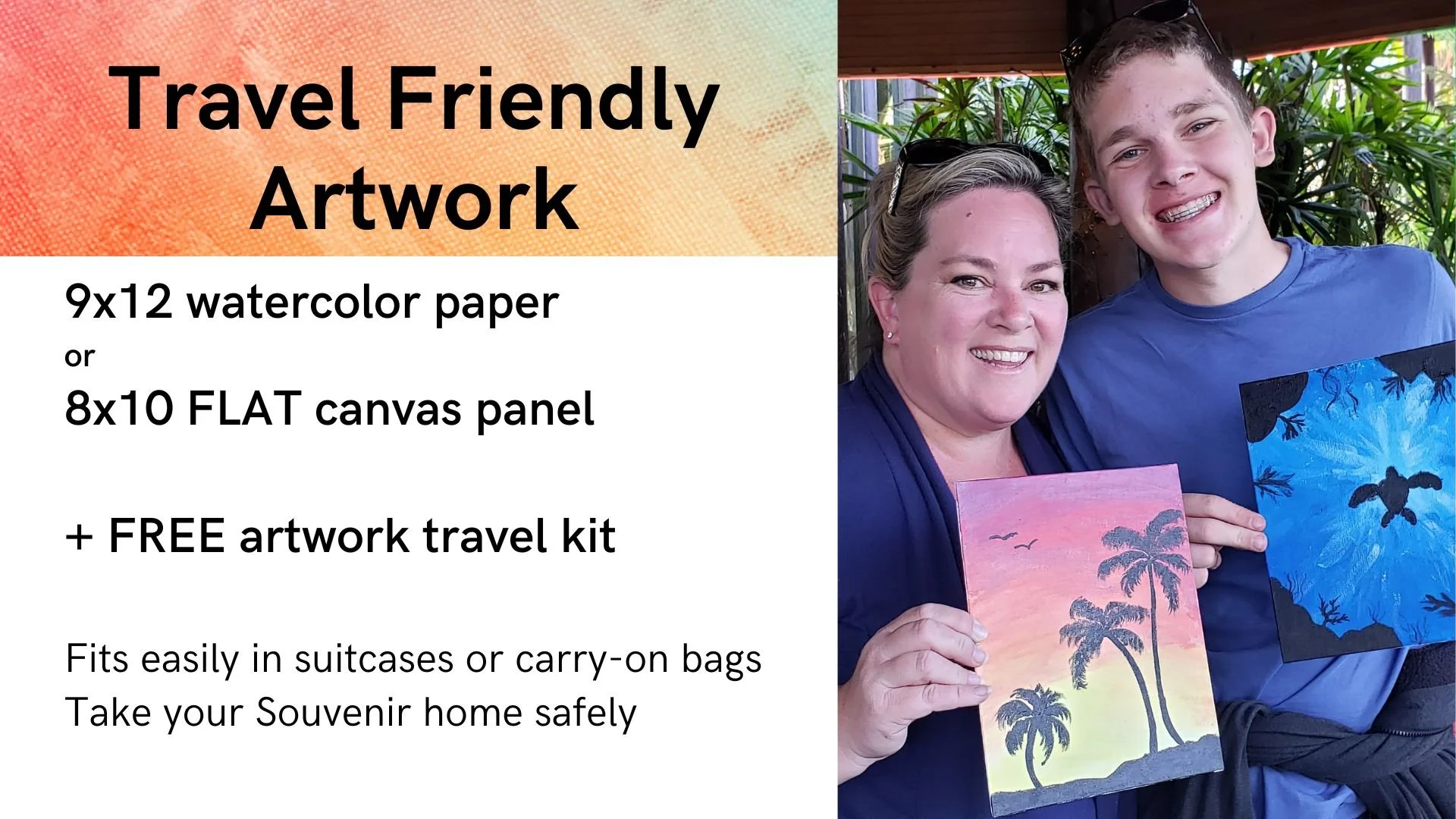 A woman and a boy smiling and holding watercolor artworks, standing outdoors with plants in the background, promoting travel-friendly artwork kits.