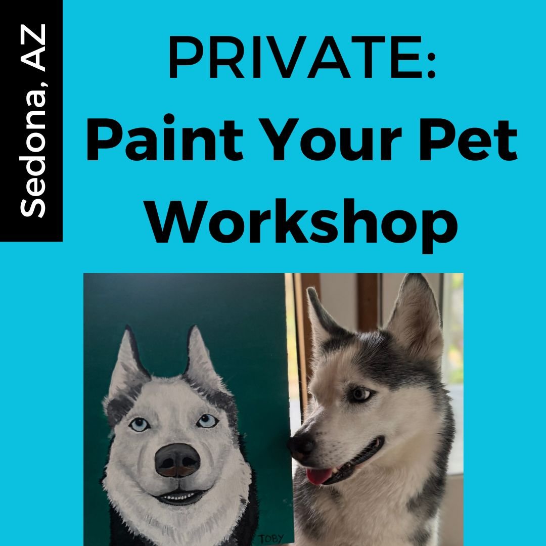 A sign advertising a private pet painting workshop, with images of a Siberian Husky dog, one painted and one real.