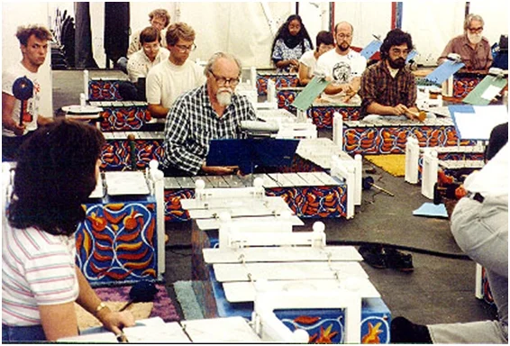 Gamelan Si Betty and Lou in plaid in rehearsal for a Cabrillo Festival concert, 1978. Photo by Jody Diamond, Director of the American Gamelan Institute. 