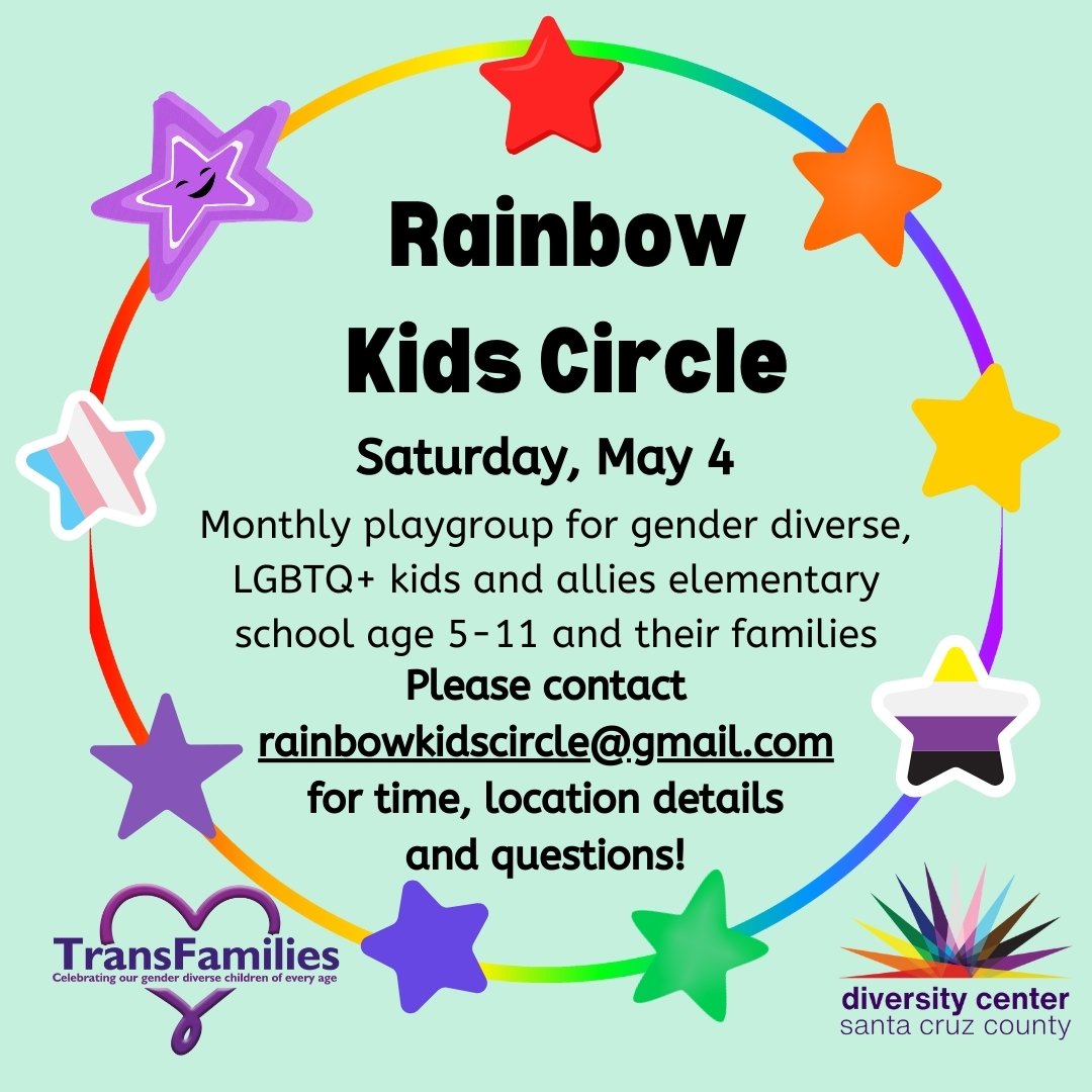 Rainbow Kids Circle

Date: Saturday, May 4
Ages: 5-11
For Details Contact: rainbowkidscircle@gmail.com 

Rainbow Kids Circle is a monthly 90 minute playgroup for gender diverse, LGBTQ+ kids and allies ages 5-10 and their families facilitated by Sara.